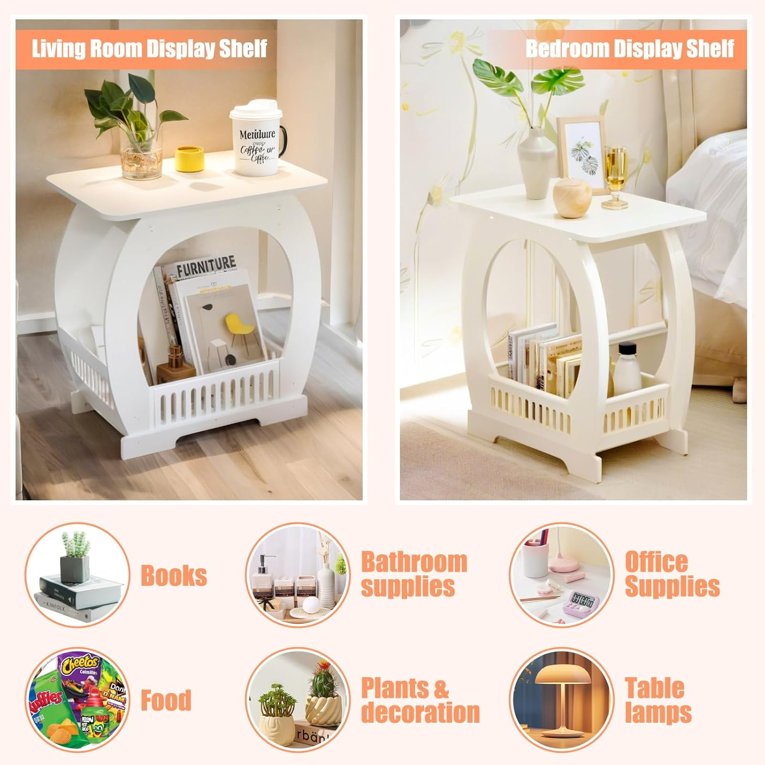 2-Tier White End Table with Storage Basket for Home and Office