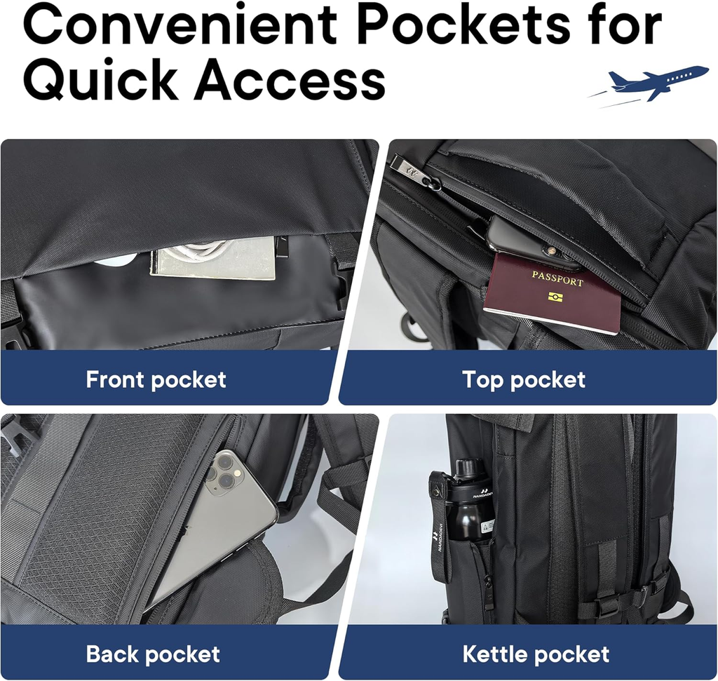 Men's 40L Travel Backpack, Water-Resistant Rucksack with USB Port and Laptop Com