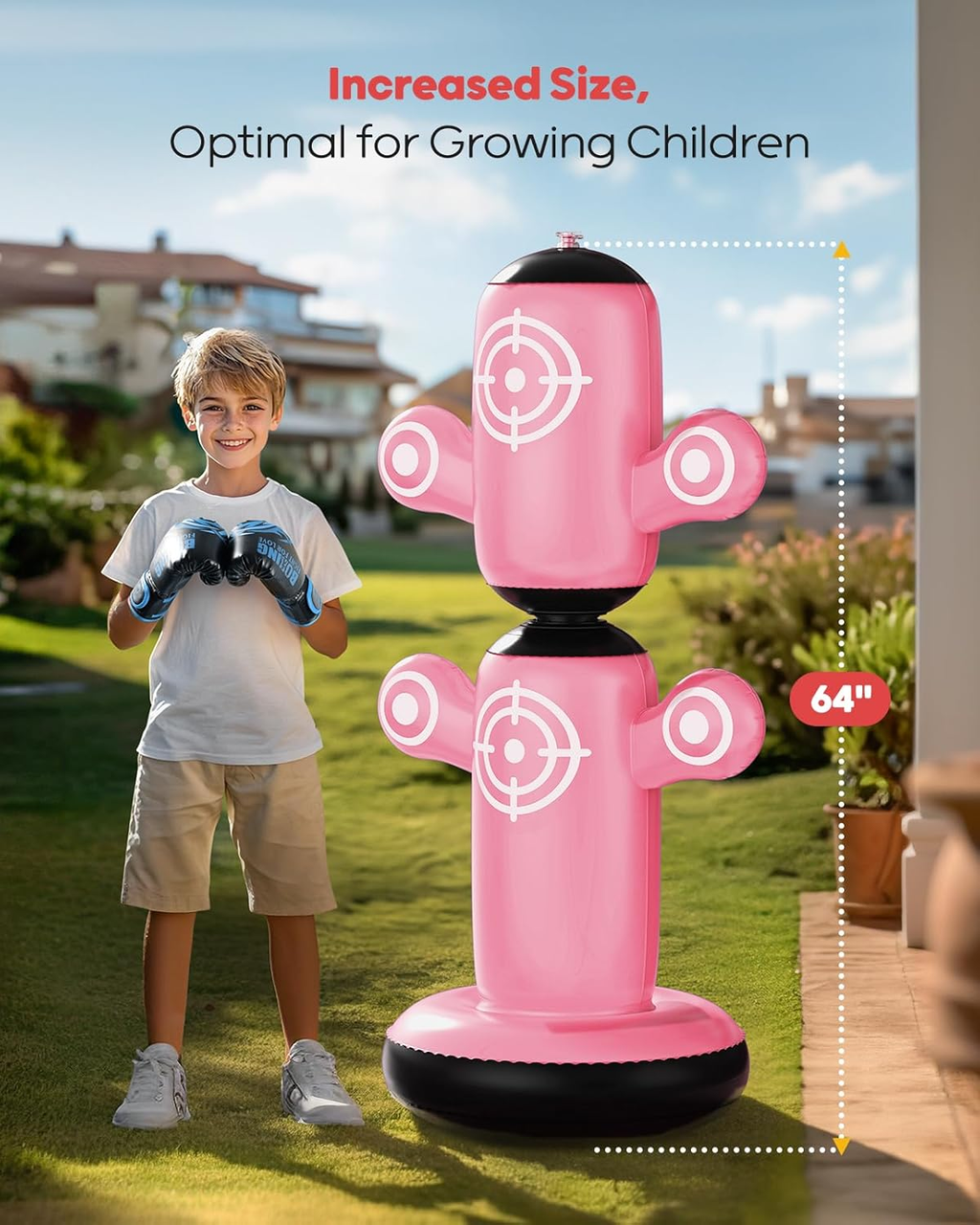 64” Rotatable Kids Punching Bag with Gloves, Pump & Targets - Pink