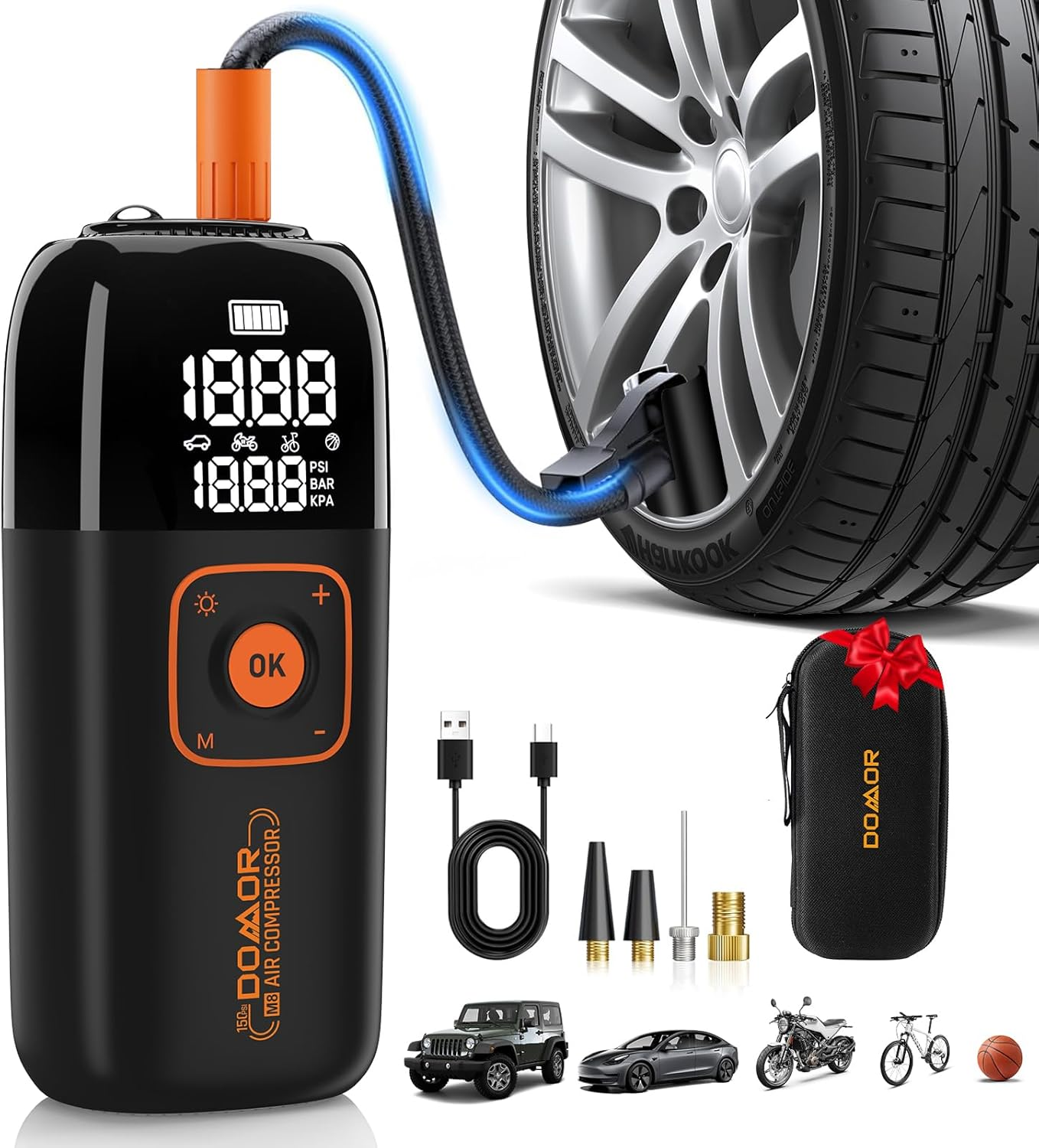 Portable Cordless Tire Inflator, 150PSI Air Pump with Digital Gauge and Battery