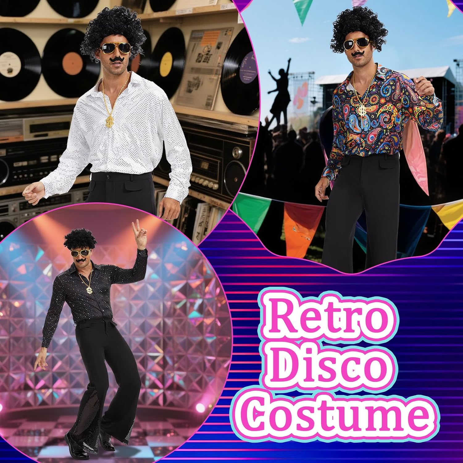Men's 70s Disco Costume with Afro Wig and Accessories for Retro Parties