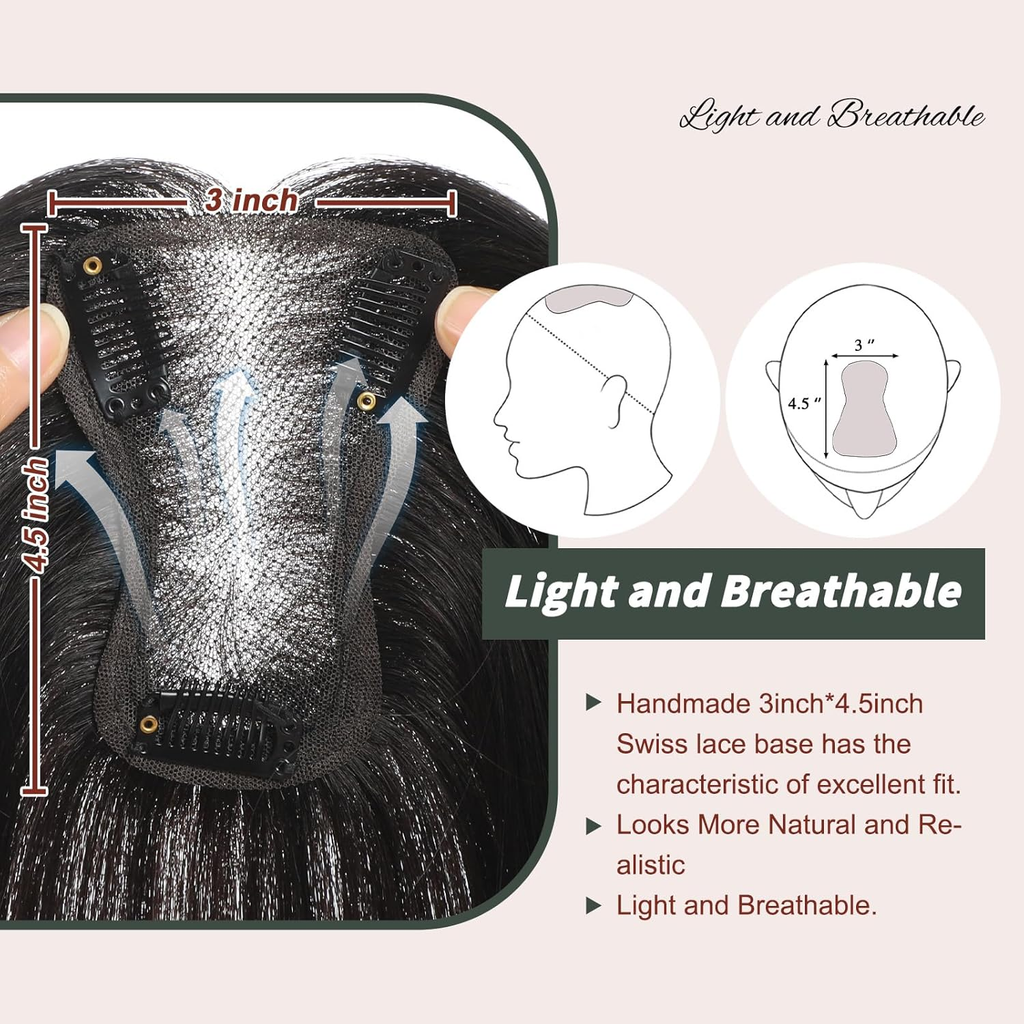 Hand-Tied Swiss Lace Hair Topper for Women - 10 Inch Natural Black