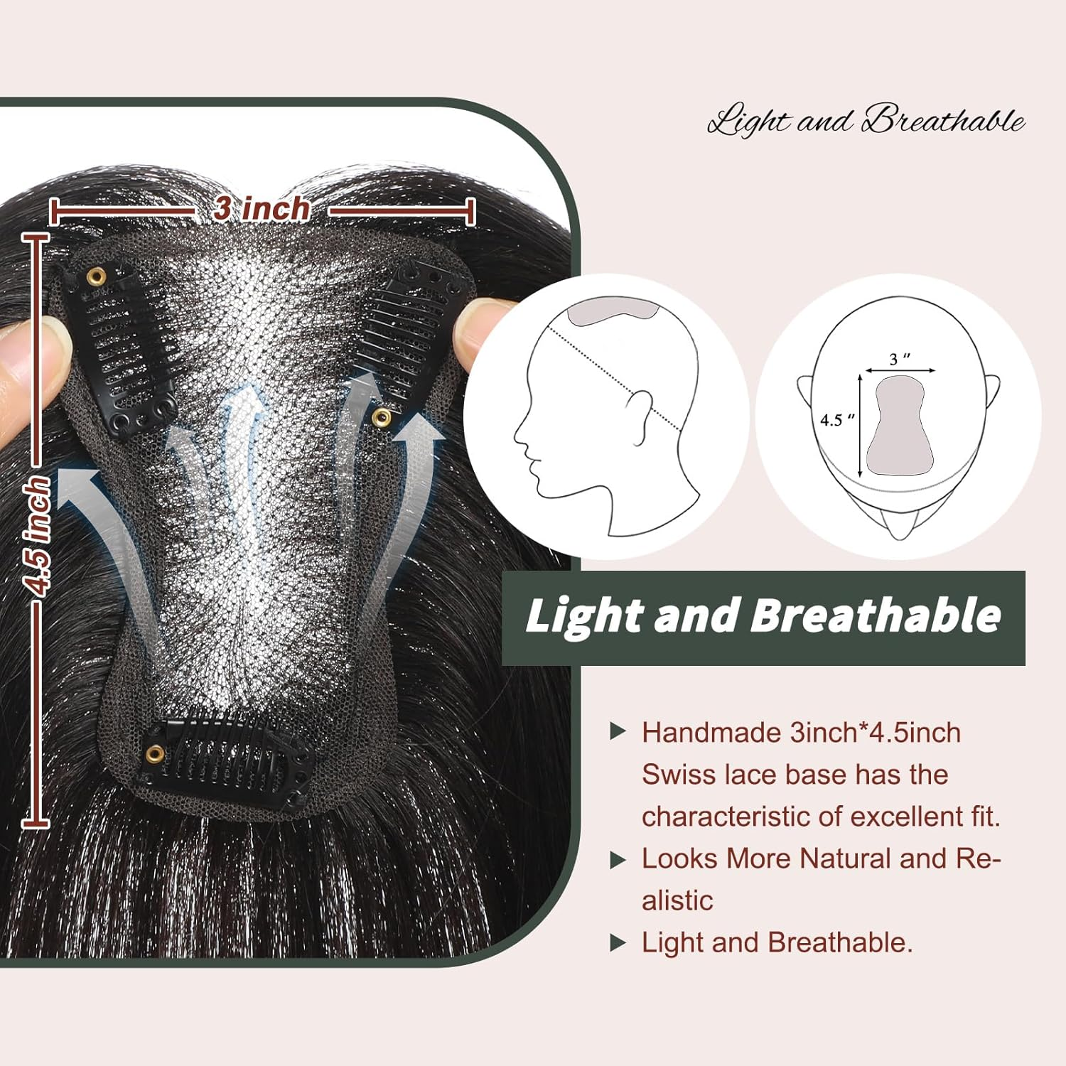 Hand-Tied Swiss Lace Hair Topper for Women - 10 Inch Natural Black