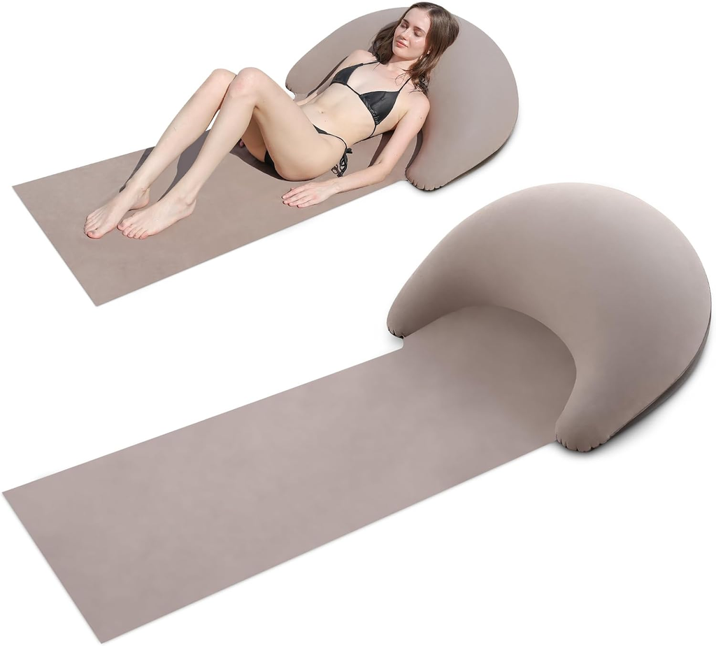 Portable Beach Mat with Inflatable Pillow, 70x30 Inches (Khaki)