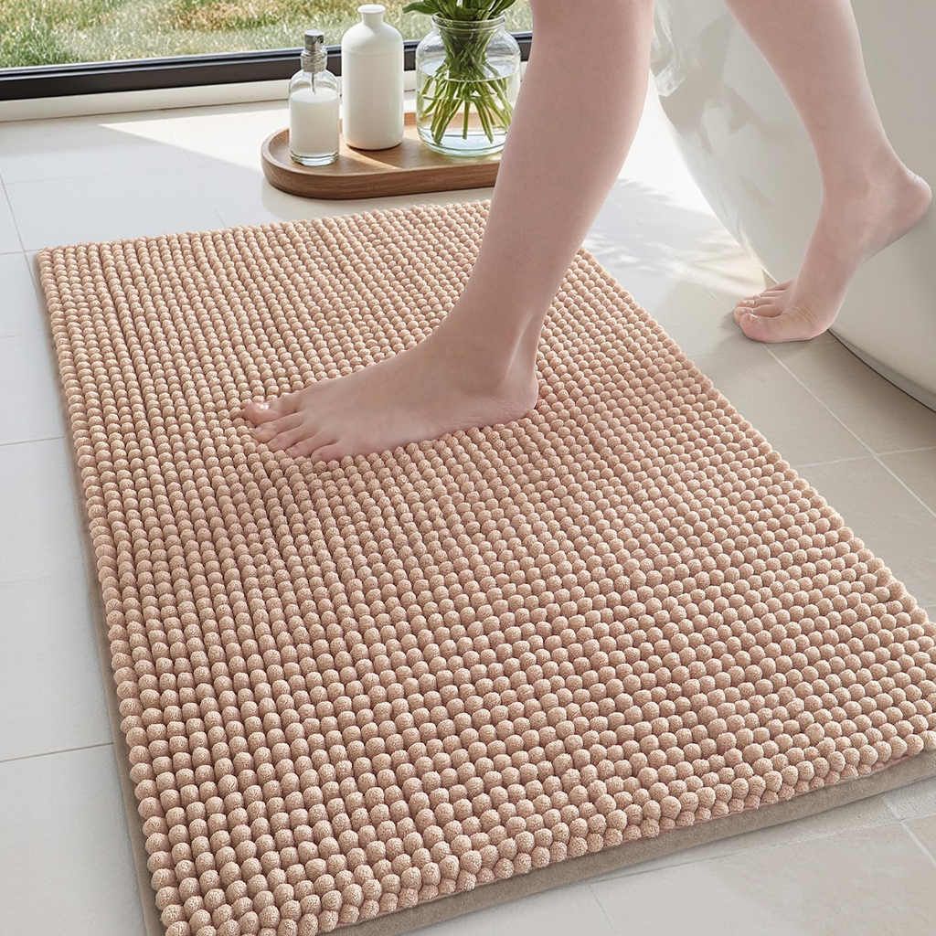 Ultra Soft Chenille Bath Mat Set, Non-Slip, Machine Washable, Beige, 2 Pieces