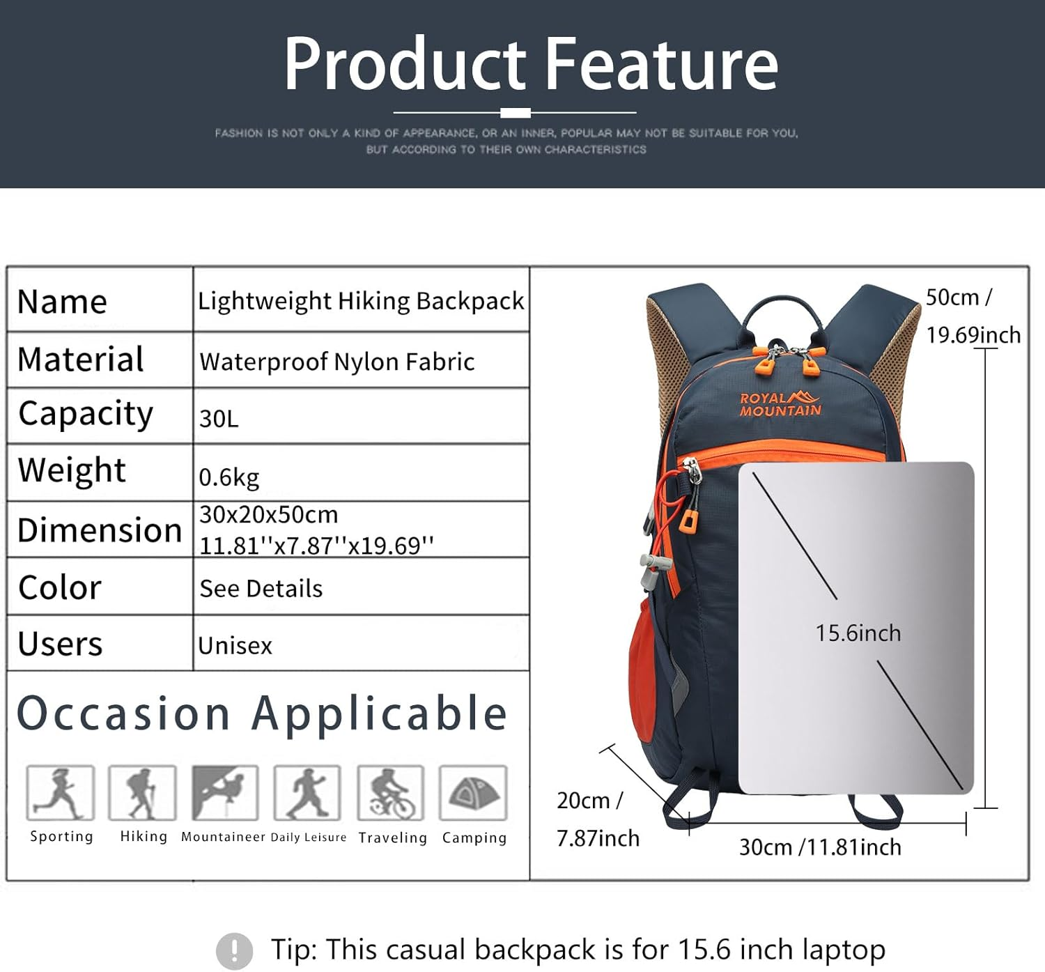 30L Lightweight Hiking Backpack with Rain Cover for 15.6" Laptop