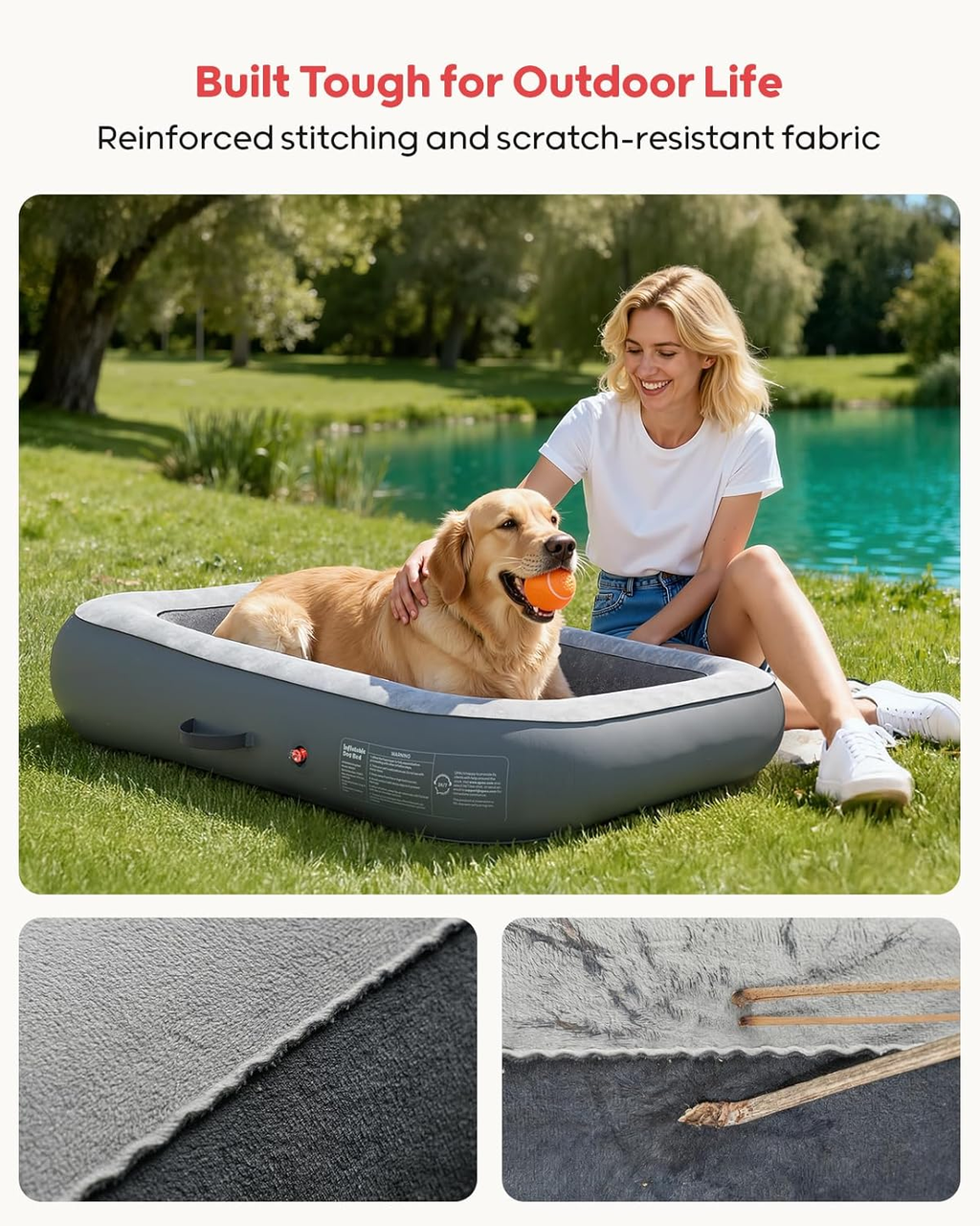 Inflatable Waterproof Dog Bed with Sides for Travel, Size Large