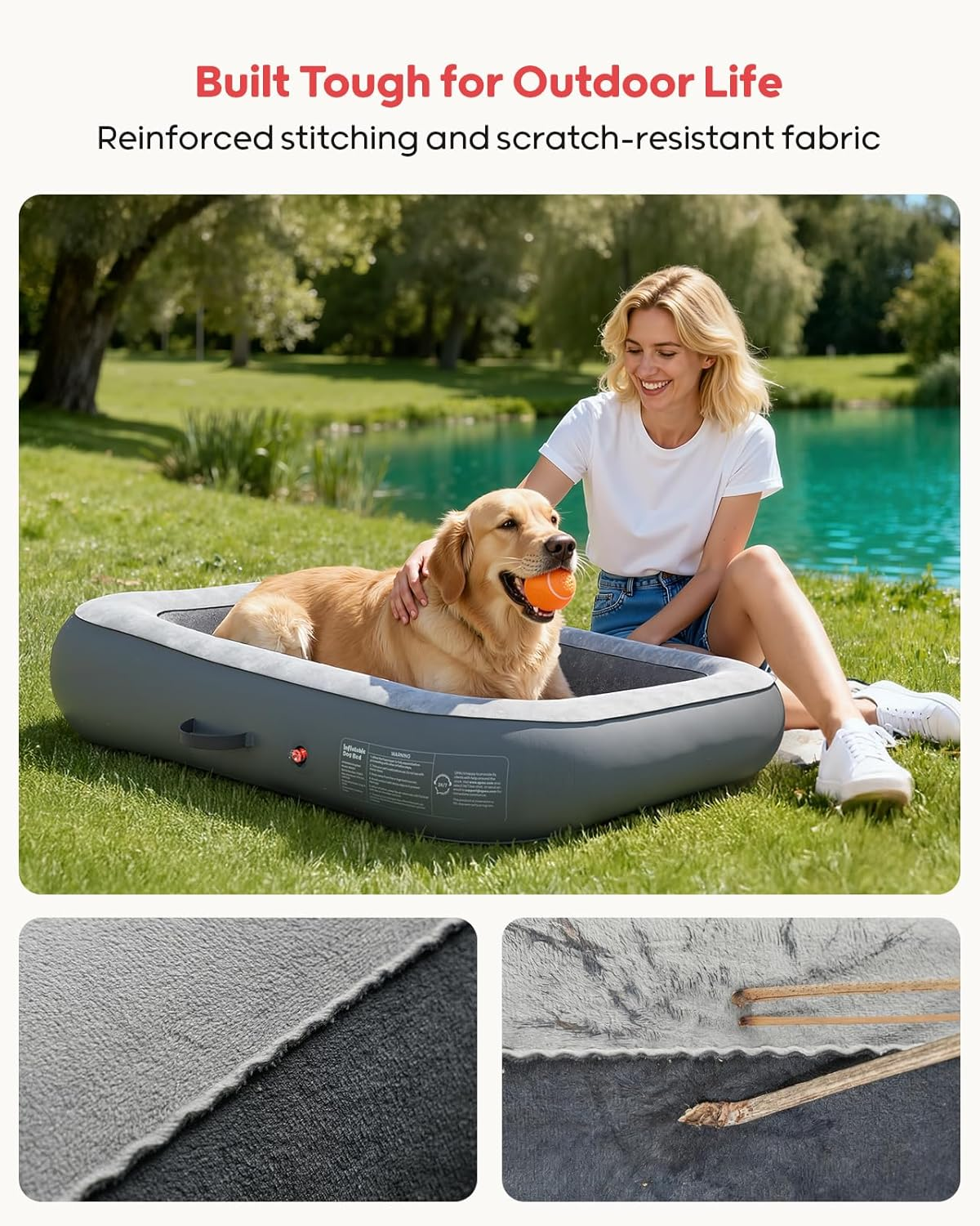 Inflatable Waterproof Dog Bed with Sides for Travel, Size Large