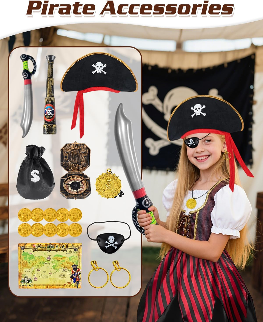Kids Pirate Costume Set with Hat & Accessories for Dress Up & Cosplay - Size 130