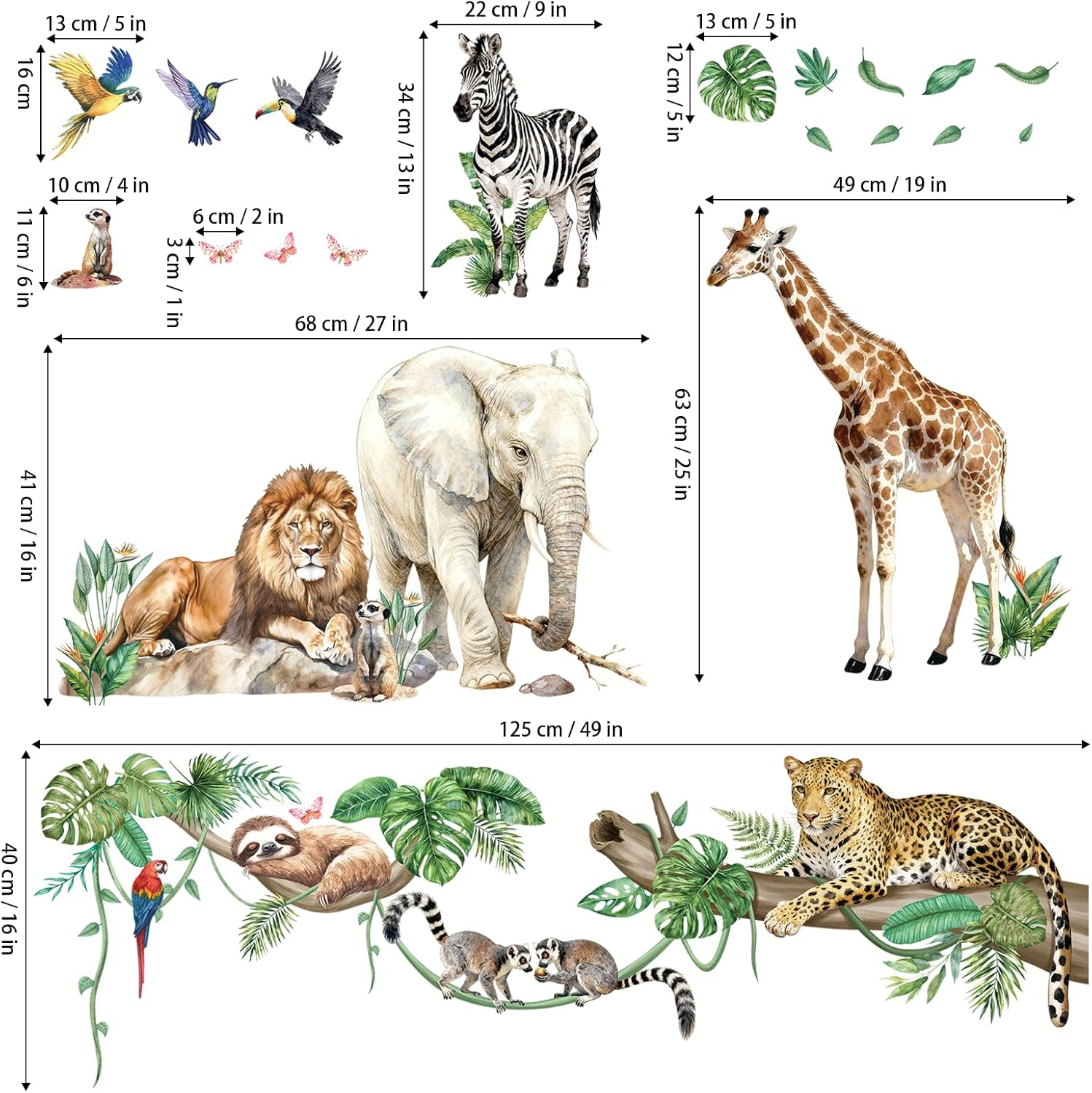 Peelora XXL Jungle Animal Wall Decals for Kids Room and Nursery Decor