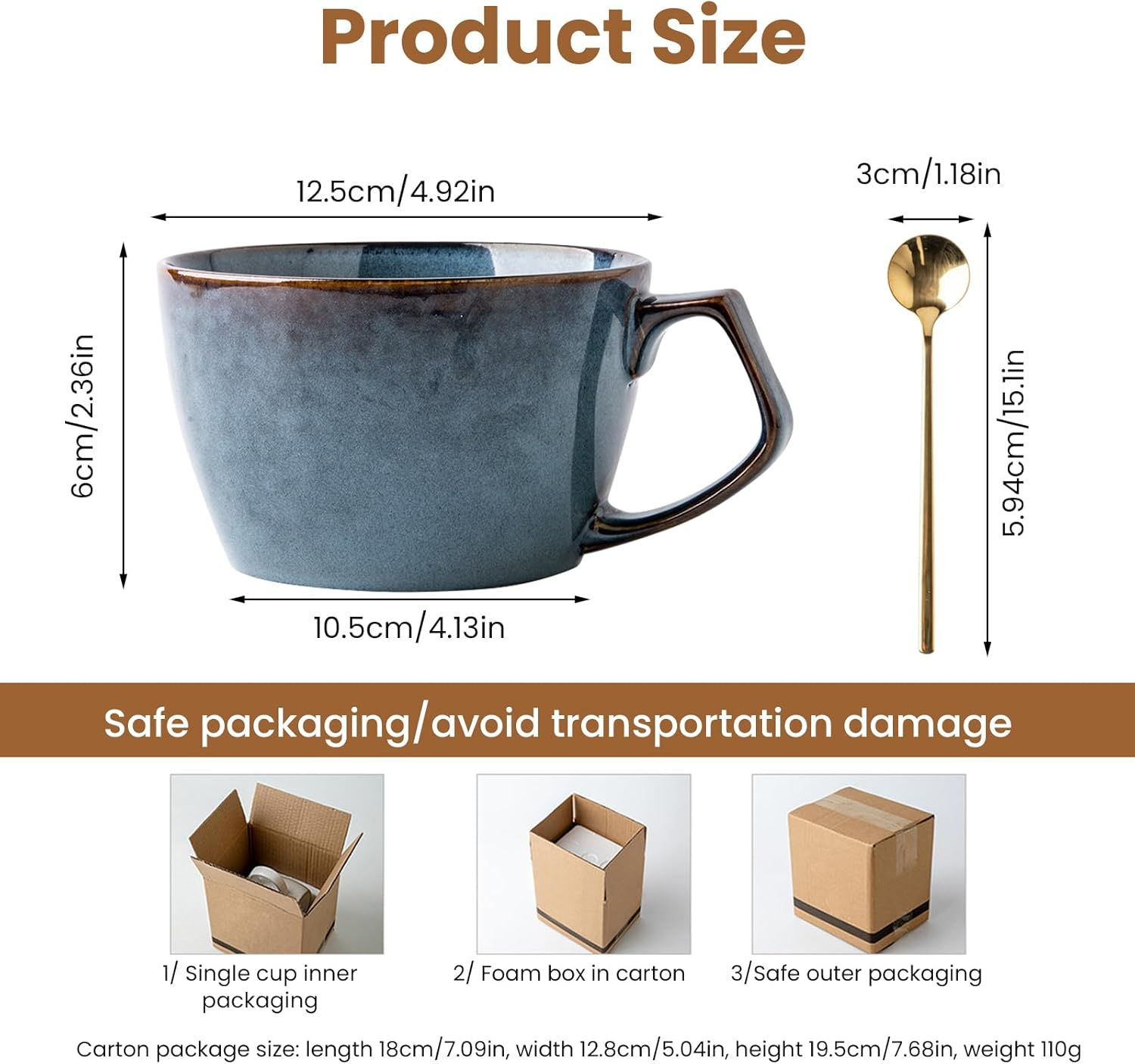 ACESOME 650ml Ceramic Soup Bowl with Scoop and Handle - Microwave Safe, Blue