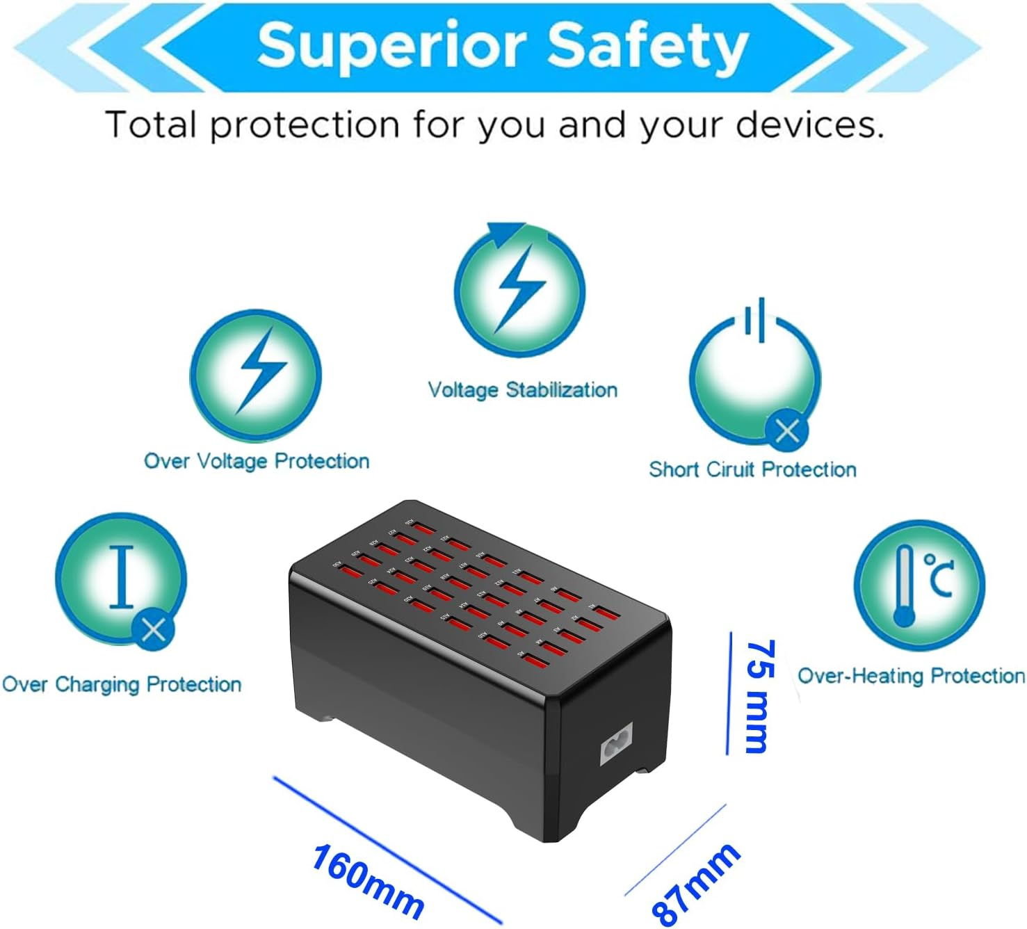 30-Port USB Charger Station, 150W Fast Charging for Phones & Tablets