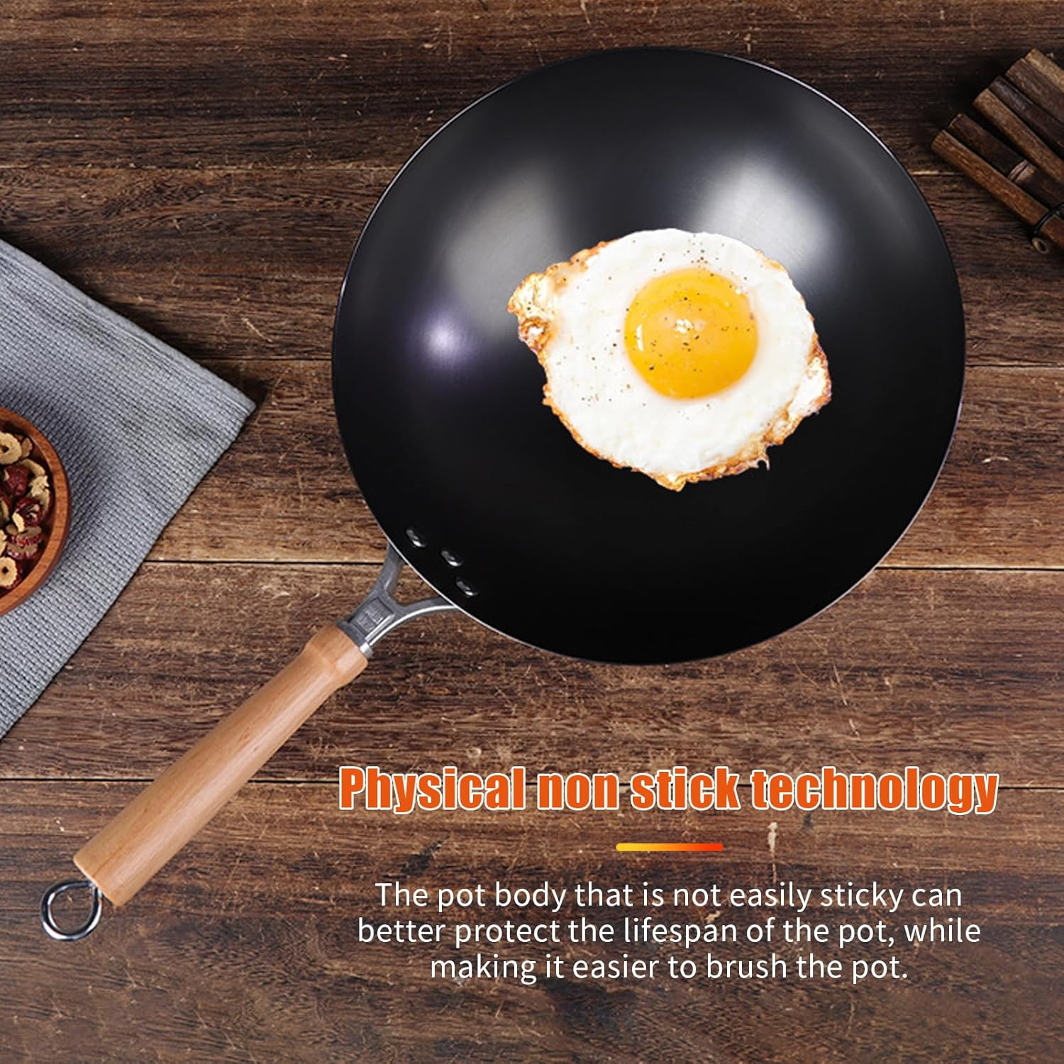 12-Inch Hand Hammered Carbon Steel Wok with Wooden and Steel Handle