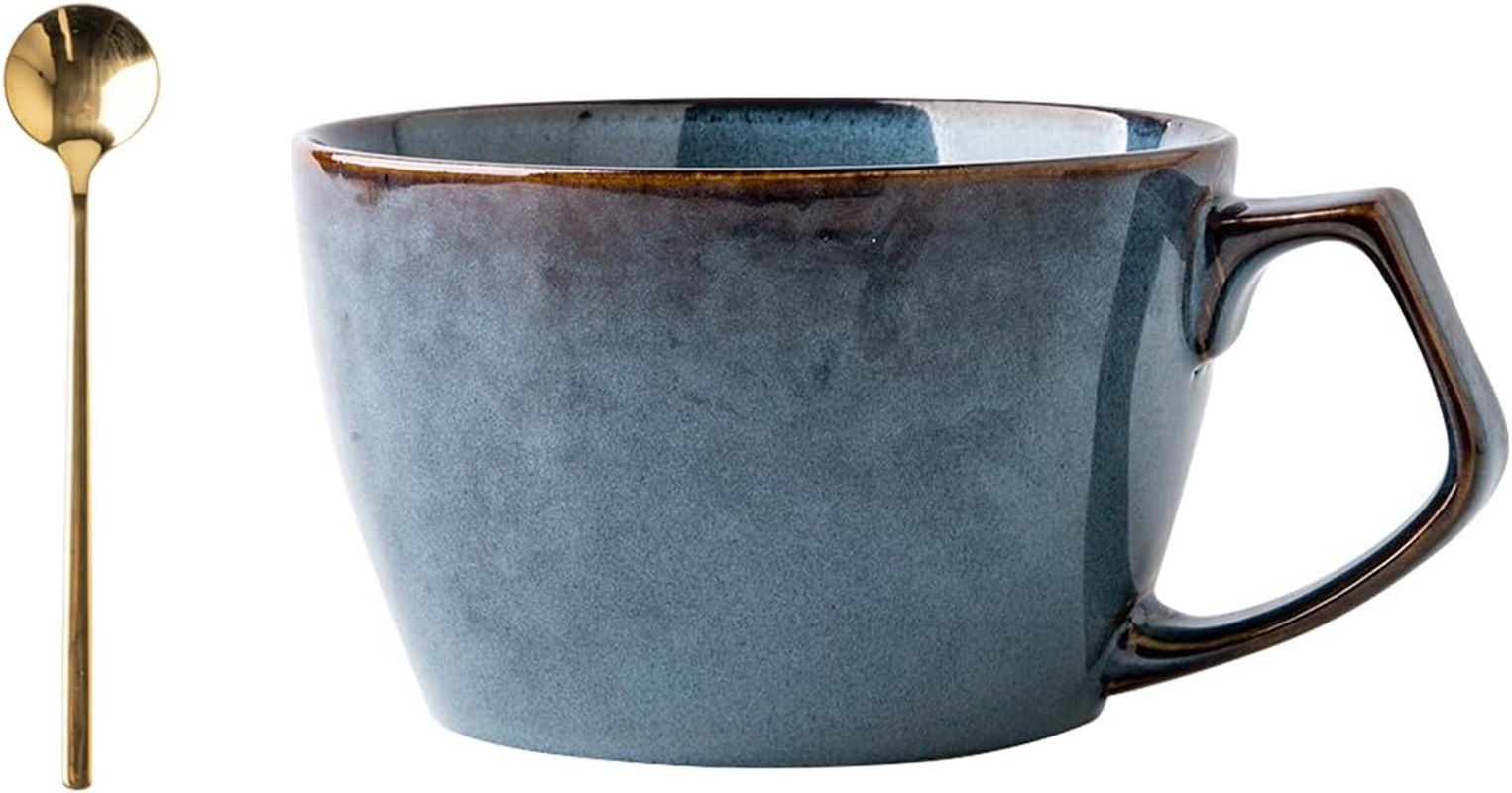 ACESOME 650ml Ceramic Soup Bowl with Scoop and Handle - Microwave Safe, Blue