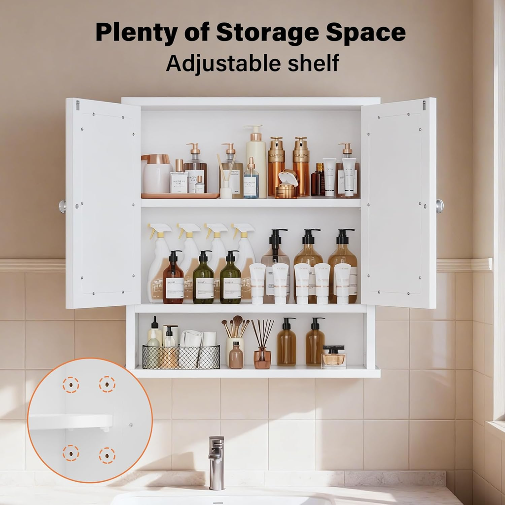 Wall-Mounted Bathroom Mirror Cabinet with Concealed Storage and Adjustable Shelv