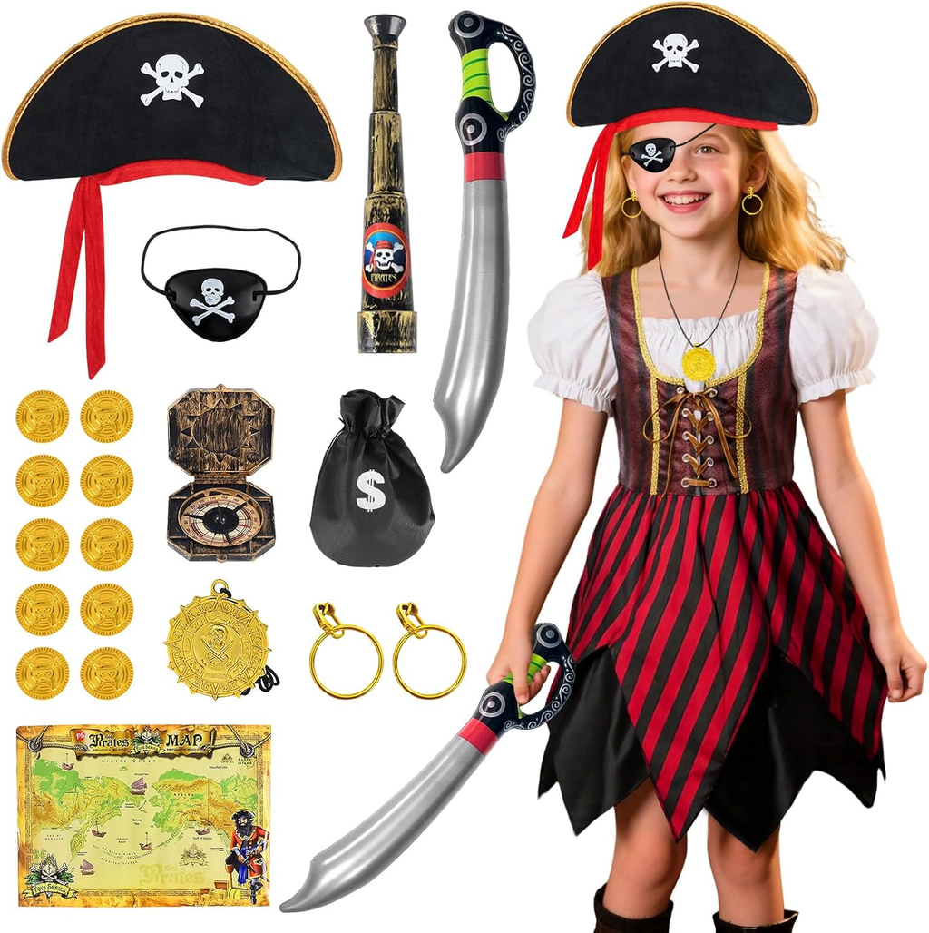 Kids Pirate Costume Set with Hat & Accessories for Dress Up & Cosplay - Size 130