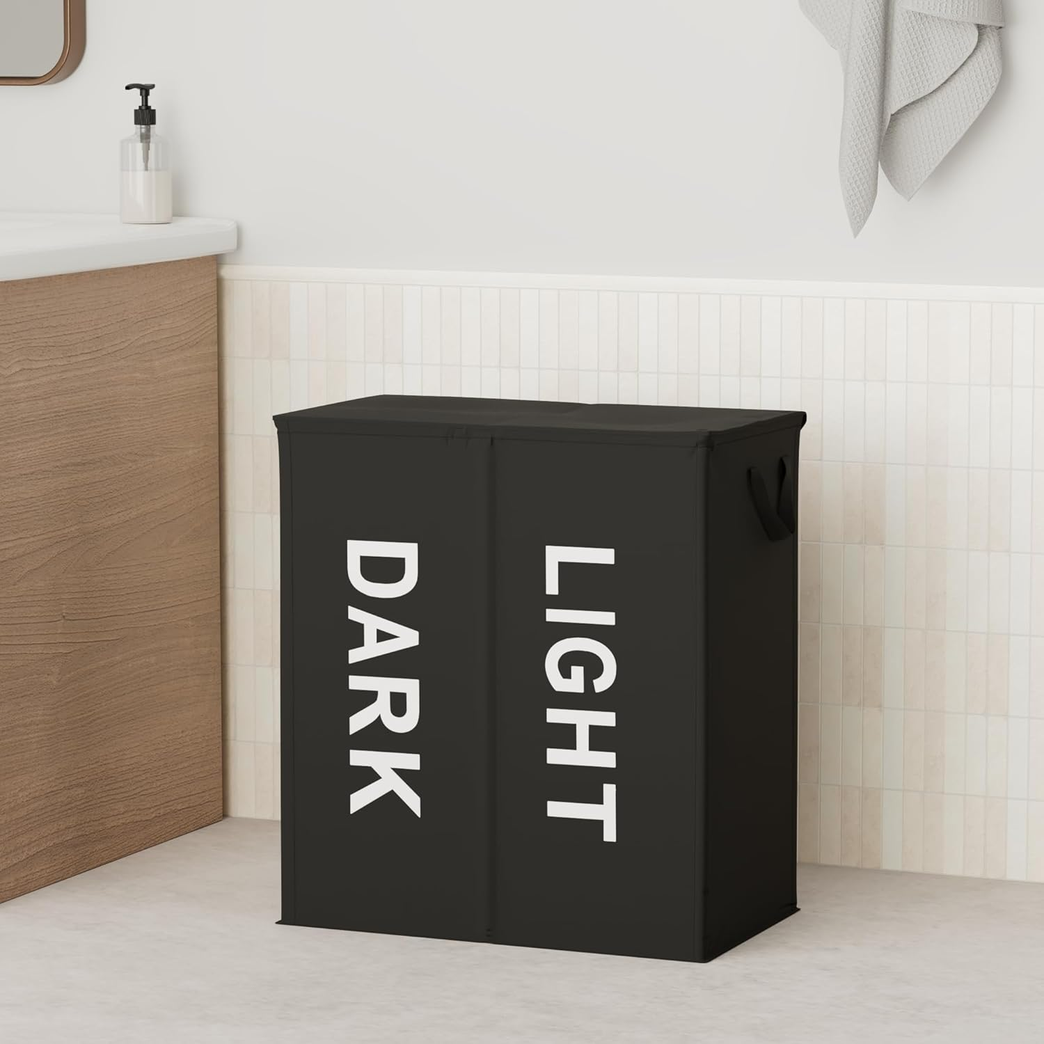 145L Collapsible Double Laundry Basket with Lid and Removable Bags, Black