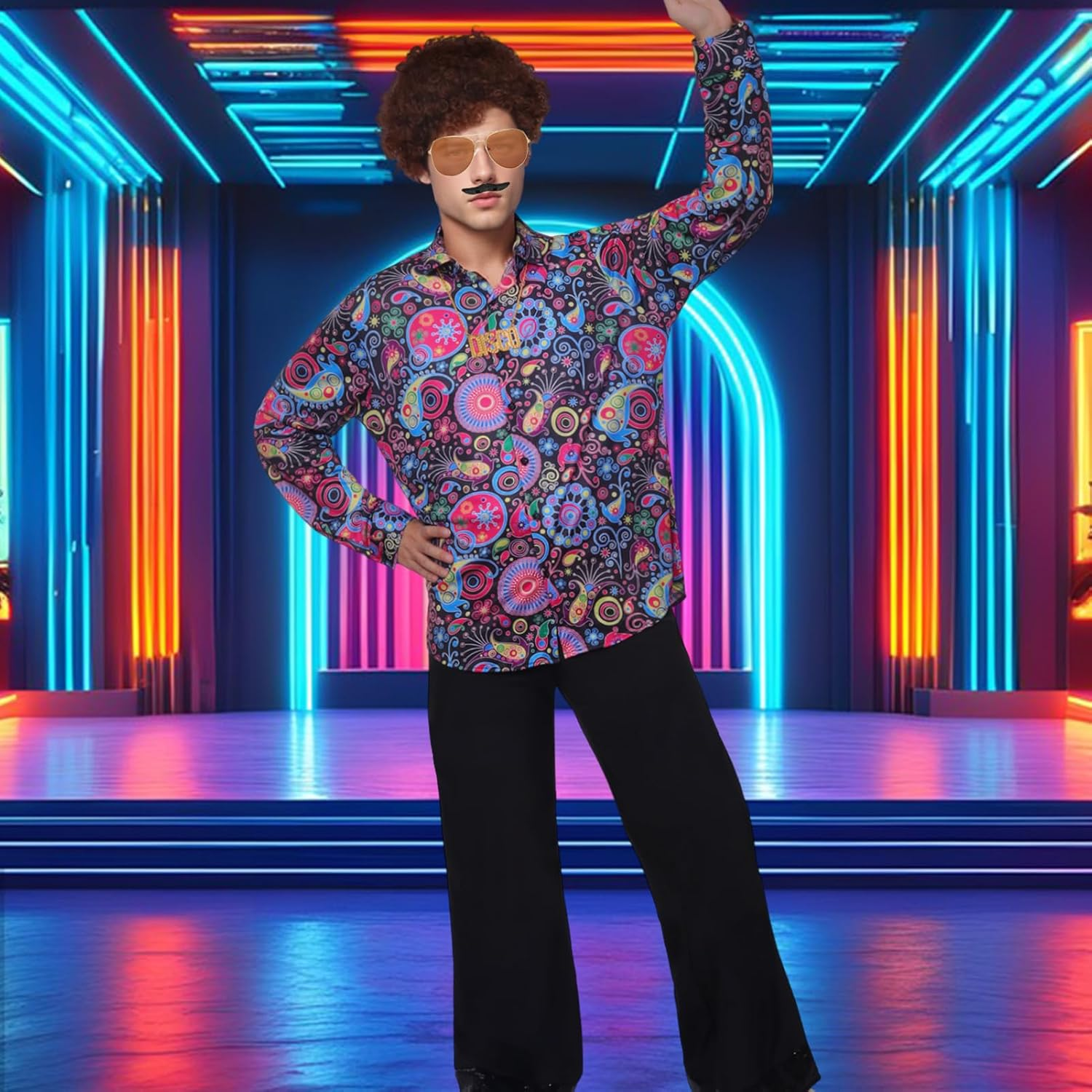 Men's 70s Disco Costume Set with Flared Pants, Shirt, M and L size