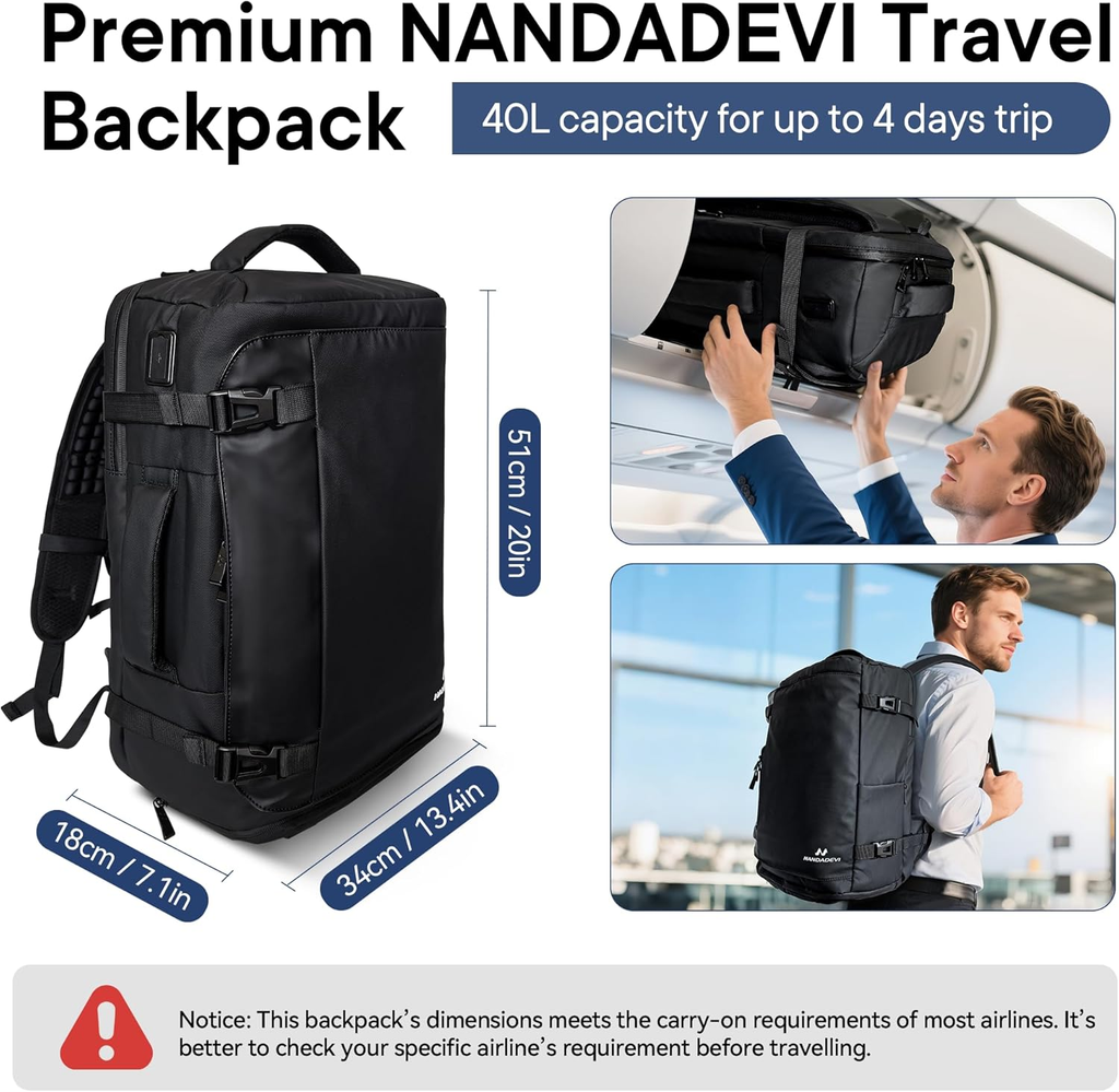 Men's 40L Travel Backpack, Water-Resistant Rucksack with USB Port and Laptop Com