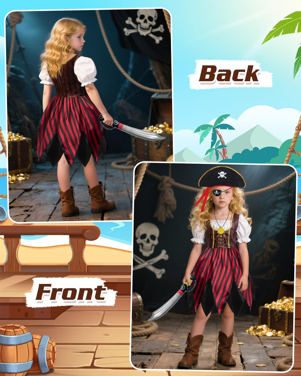 Kids Pirate Costume Set with Hat & Accessories for Dress Up & Cosplay - Size 130