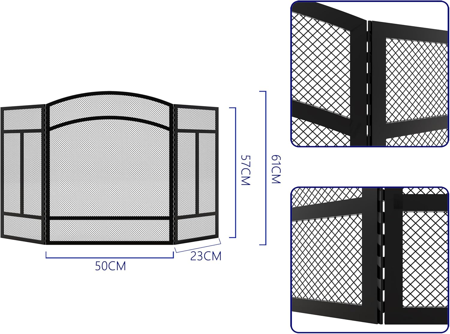 3-Panel Black Spark Guard with Piano Hinge, 96.5cm L x 61cm H