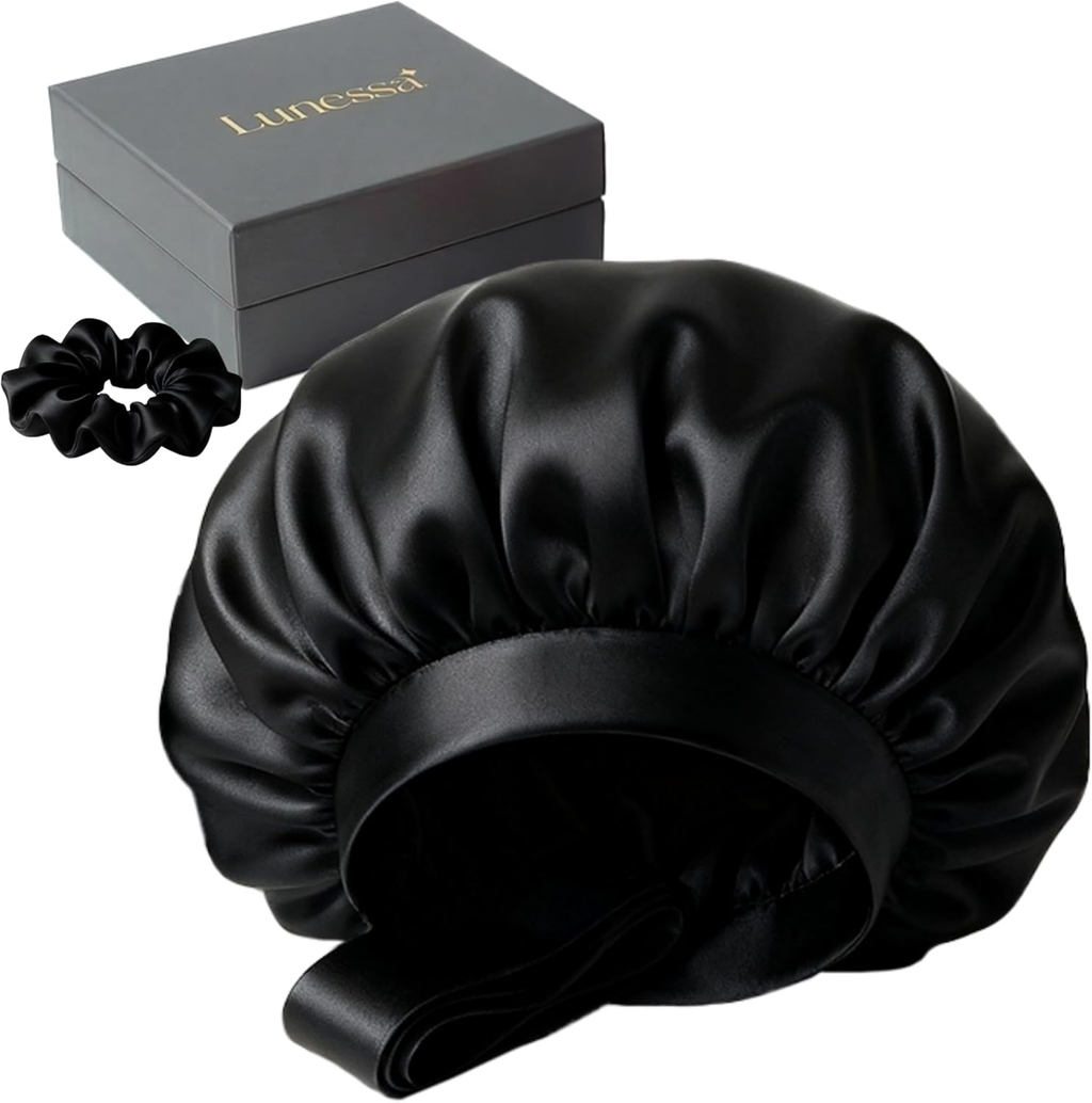 22-Momme Silk Hair Bonnet & Scrunchie - OEKO-TEX® Certified (Black)