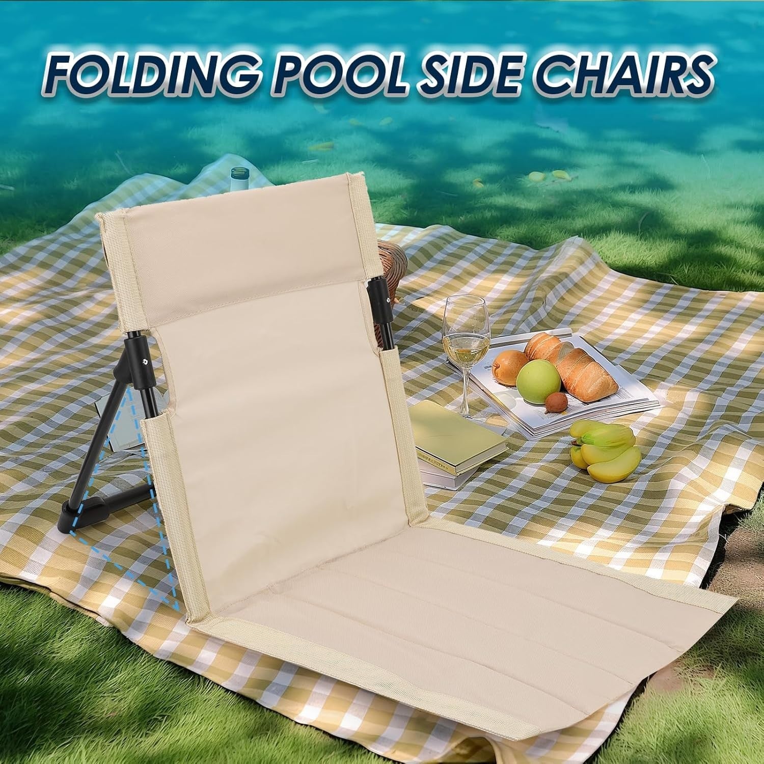 2x Foldable Poolside Lounge Chairs | Portable Beach & Camping Seats - Beige
