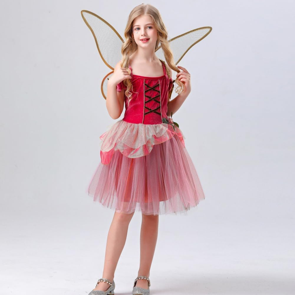 Girls Fairy Pink Costume Set with Wings for Halloween and Themed Parties