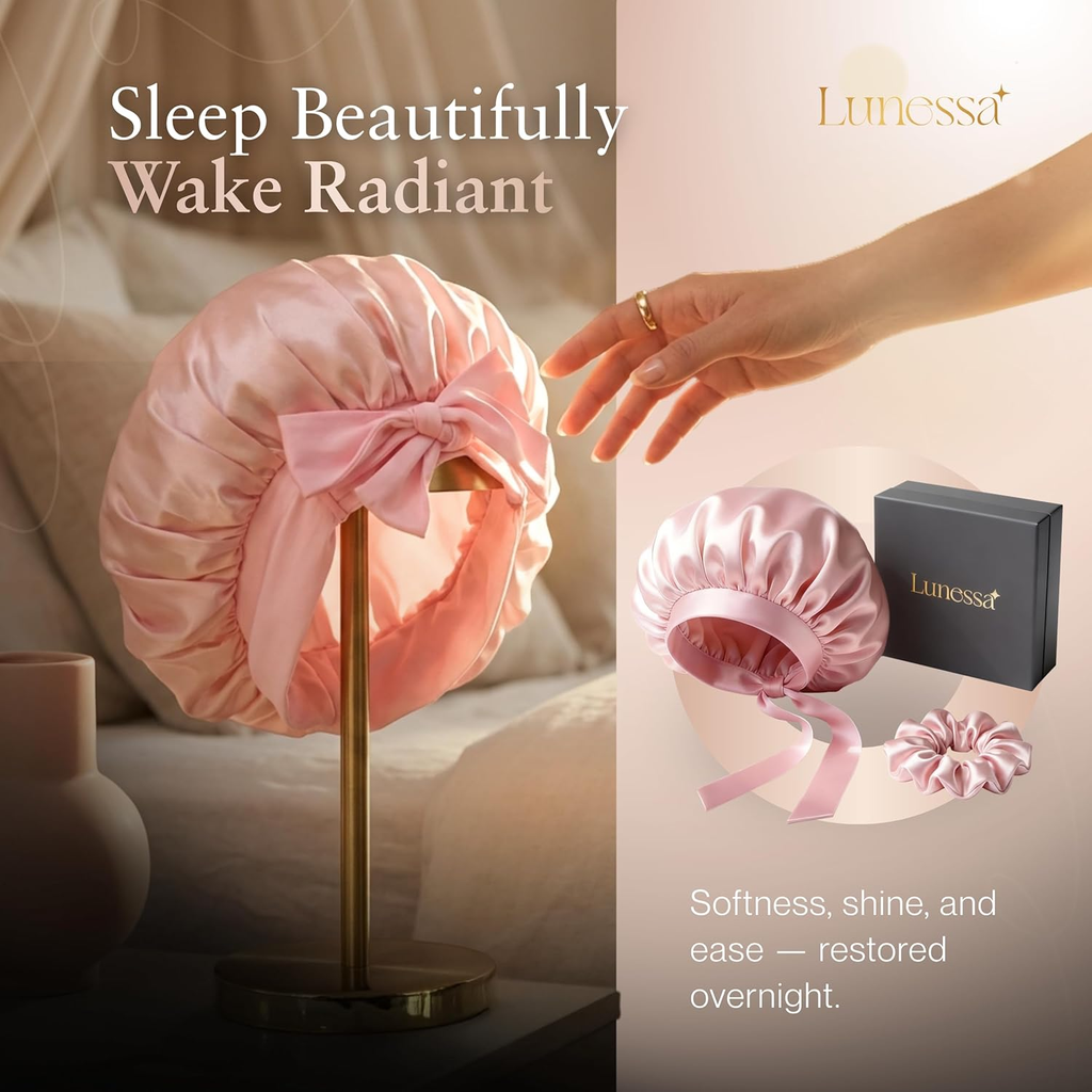 22-Momme Silk Hair Bonnet & Scrunchie - OEKO-TEX® Certified (Black)