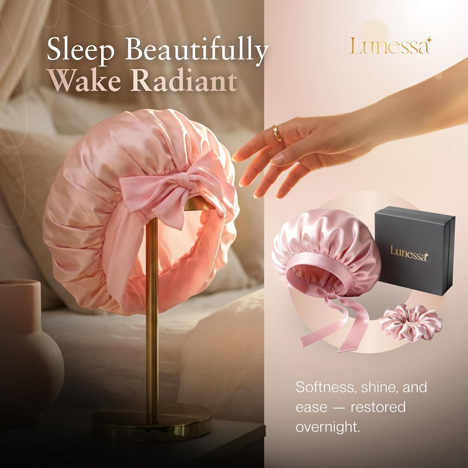 22-Momme Silk Hair Bonnet & Scrunchie - OEKO-TEX® Certified (Black)