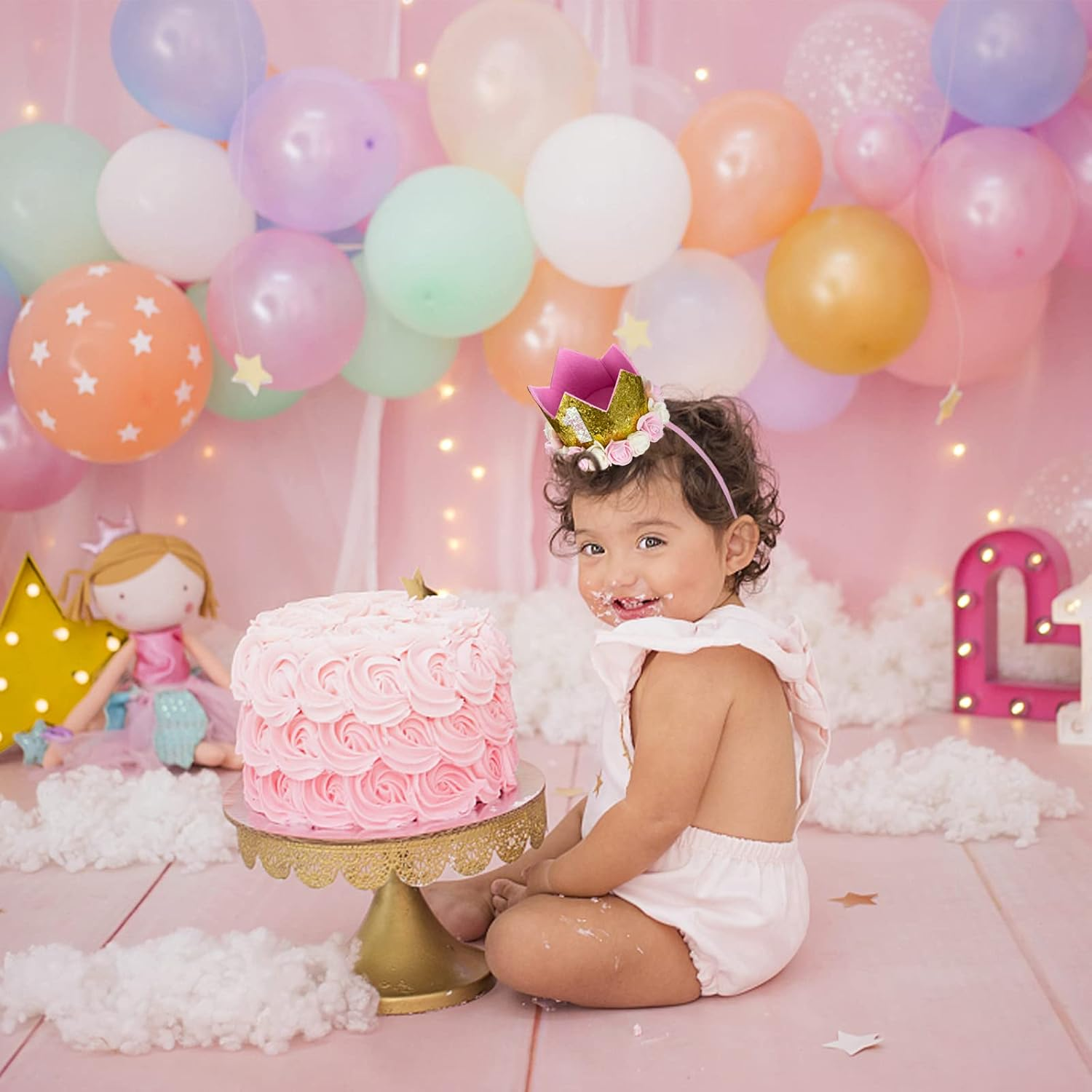 Elegant Glitter Birthday Crown with Floral Accents age number 1