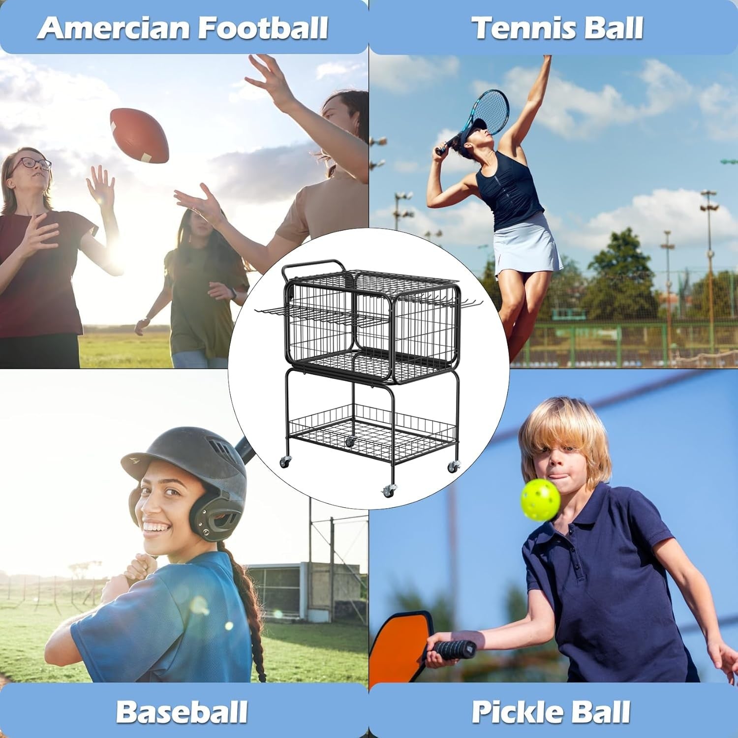 Tennis Ball Cart with Wheels, Holds 350 Balls, Racket Holder & Utility Trolley