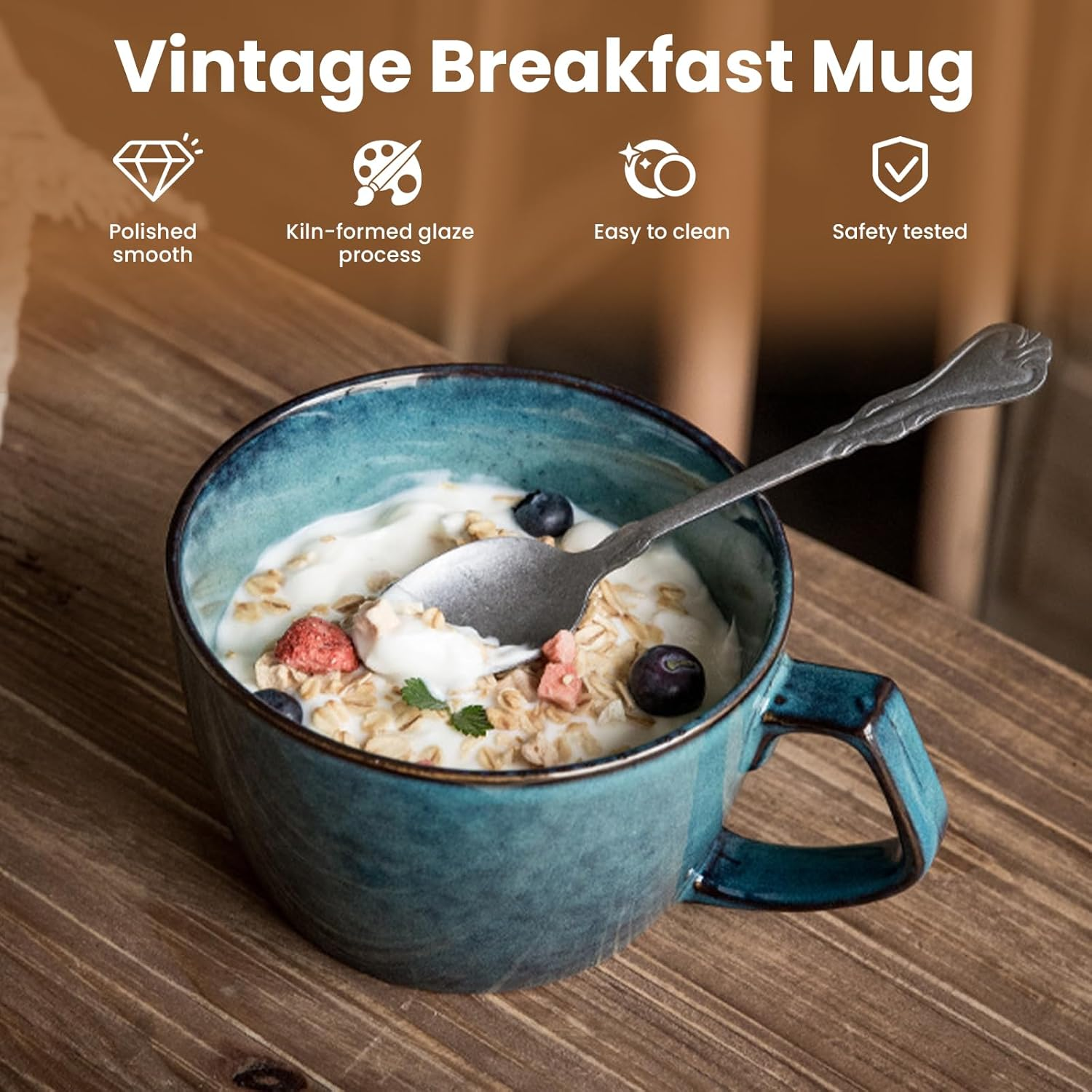 ACESOME 650ml Ceramic Soup Bowl with Scoop and Handle - Microwave Safe, Blue