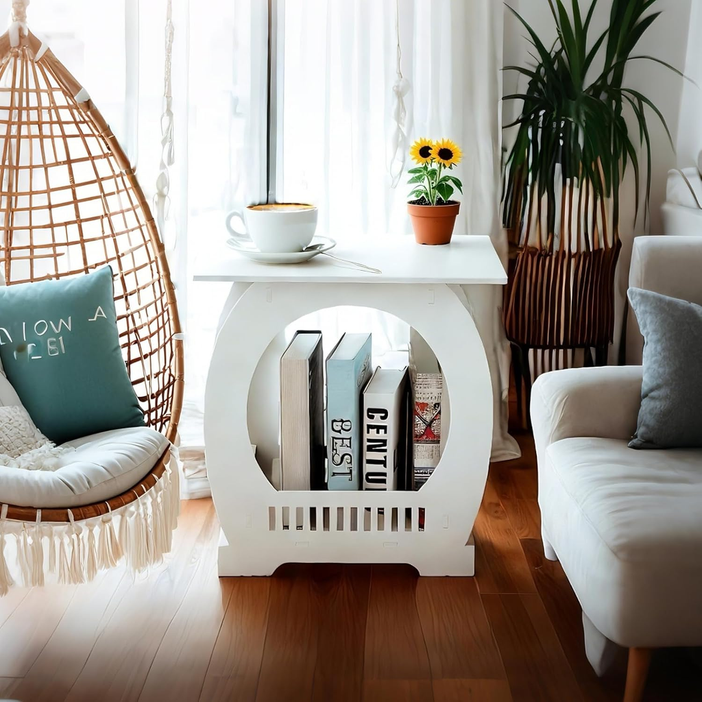 2-Tier White End Table with Storage Basket for Home and Office