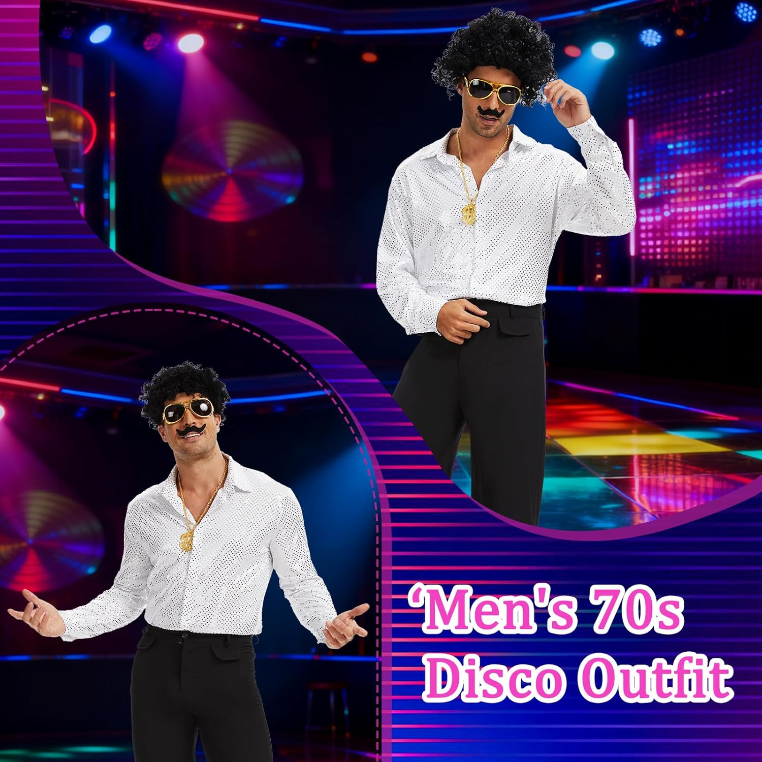 Men's 70s Disco Costume with Afro Wig and Accessories for Retro Parties