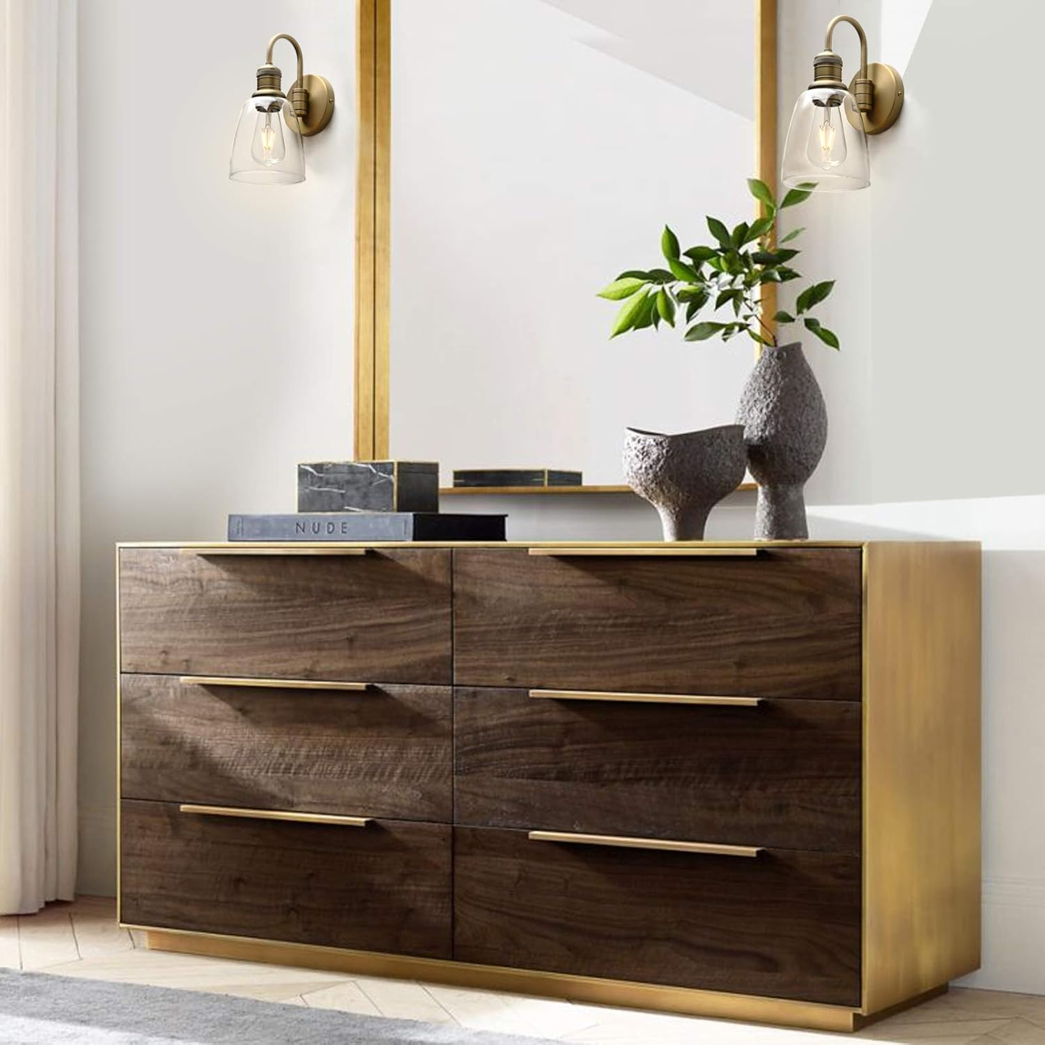 Vintage Industrial Glass Wall Sconce Light Set - Antique Gold Finish