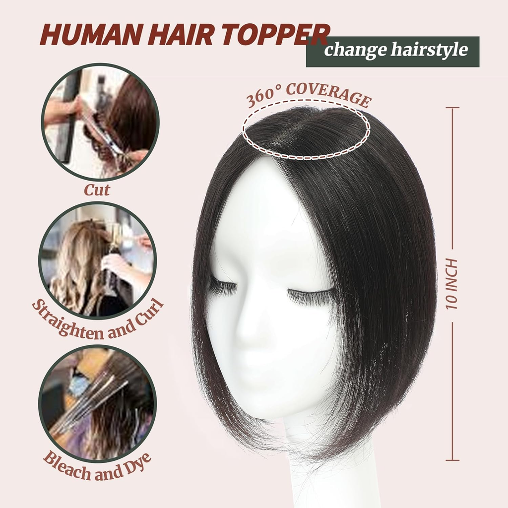 Hand-Tied Swiss Lace Hair Topper for Women - 10 Inch Natural Black