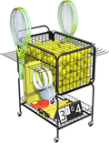 Tennis Ball Cart with Wheels, Holds 350 Balls, Racket Holder & Utility Trolley