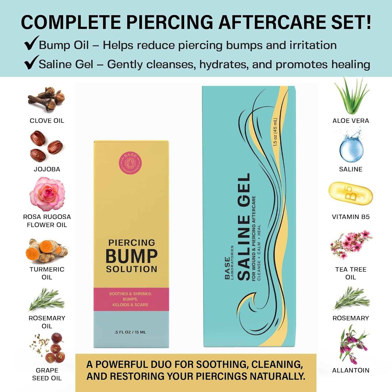 Base Labs Piercing Aftercare Kit - Bump Solution & Saline Gel, 3-Pack