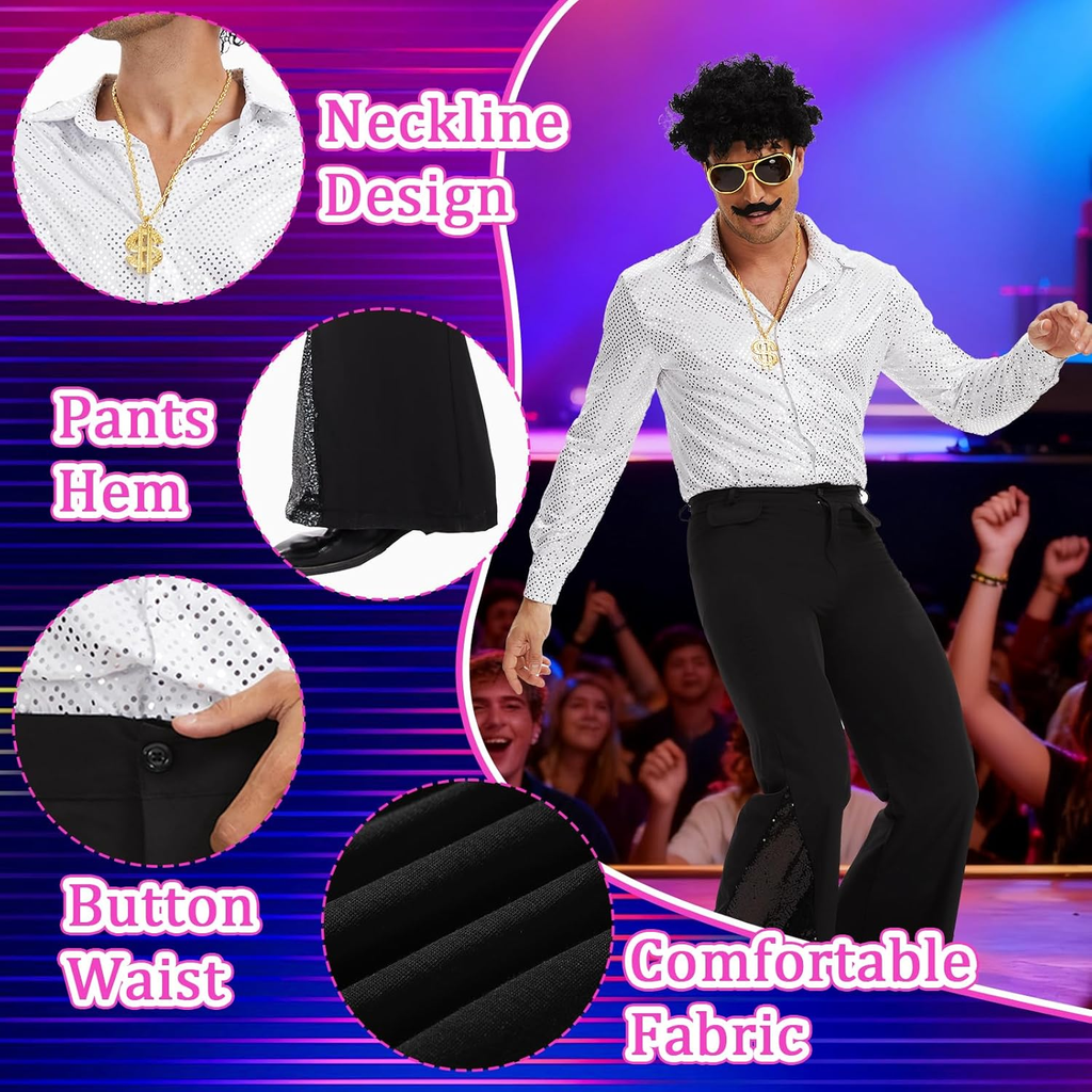 Men's 70s Disco Costume with Afro Wig and Accessories for Retro Parties