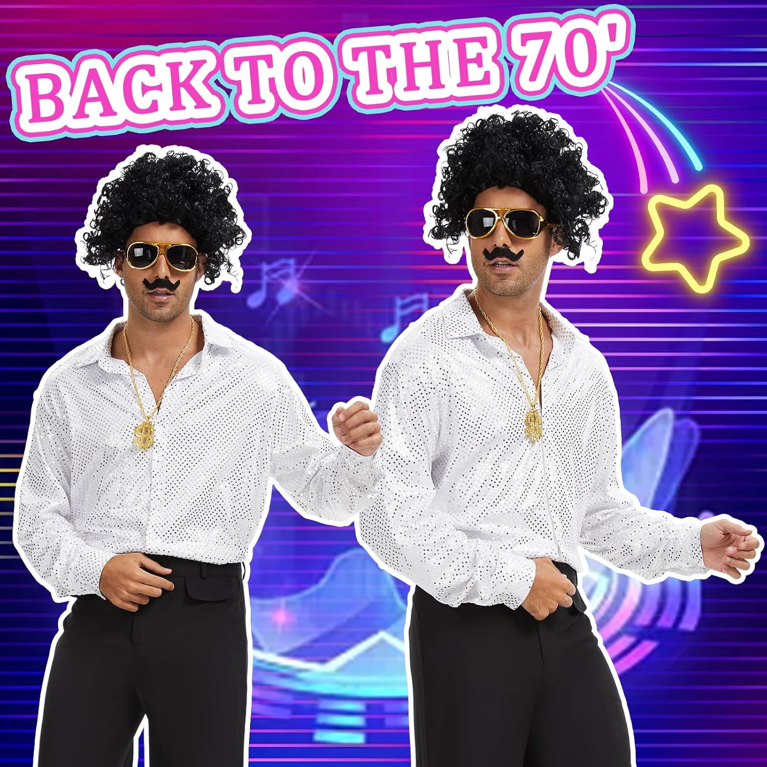 Men's 70s Disco Costume with Afro Wig and Accessories for Retro Parties
