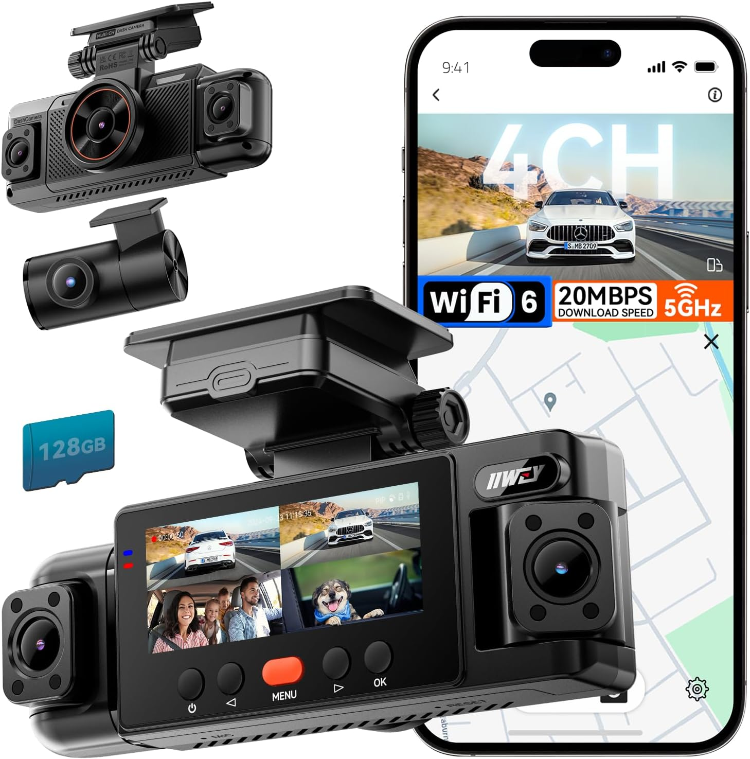 N6 4-Channel 360° Dash Cam with Night Vision, GPS, and 128GB Card