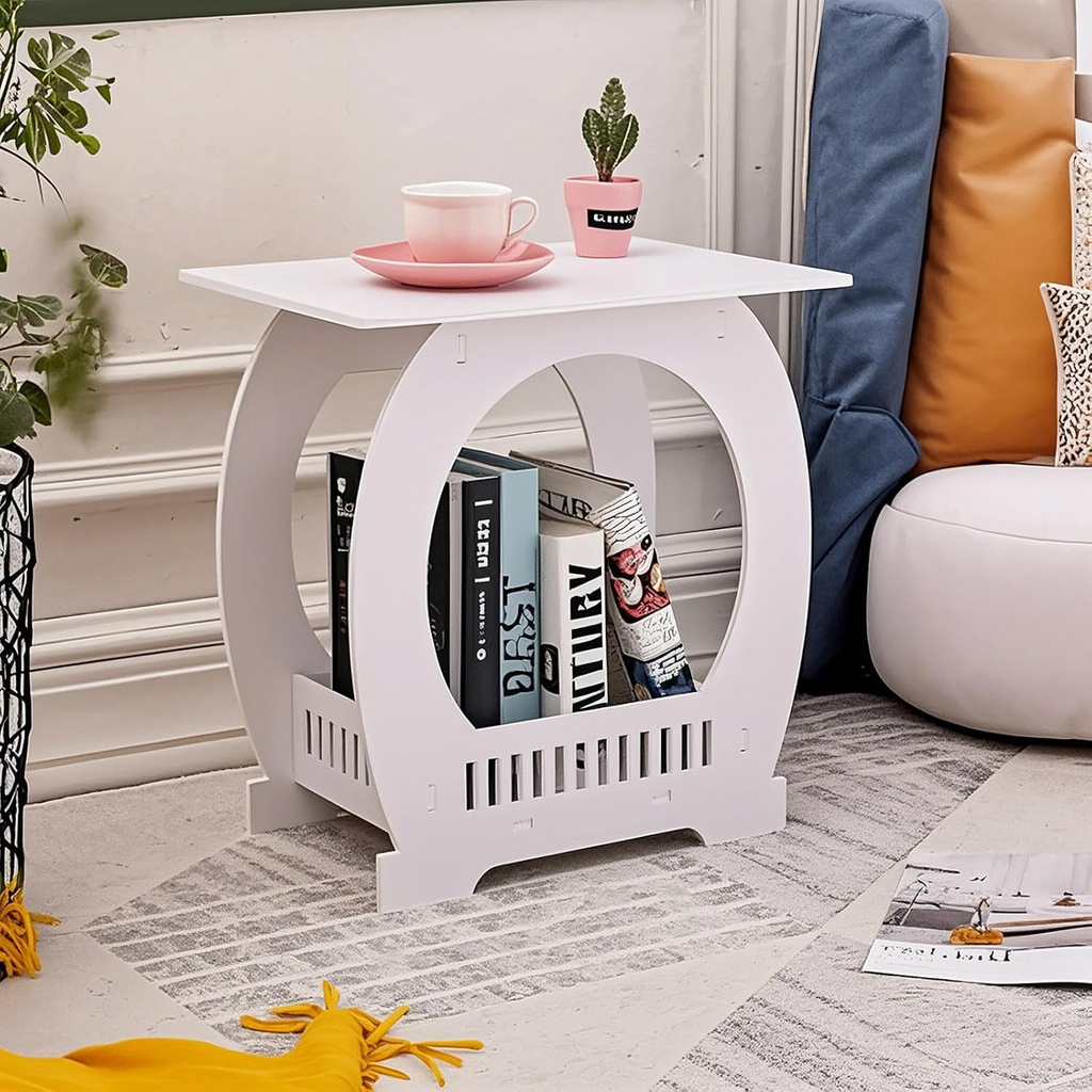 2-Tier White End Table with Storage Basket for Home and Office