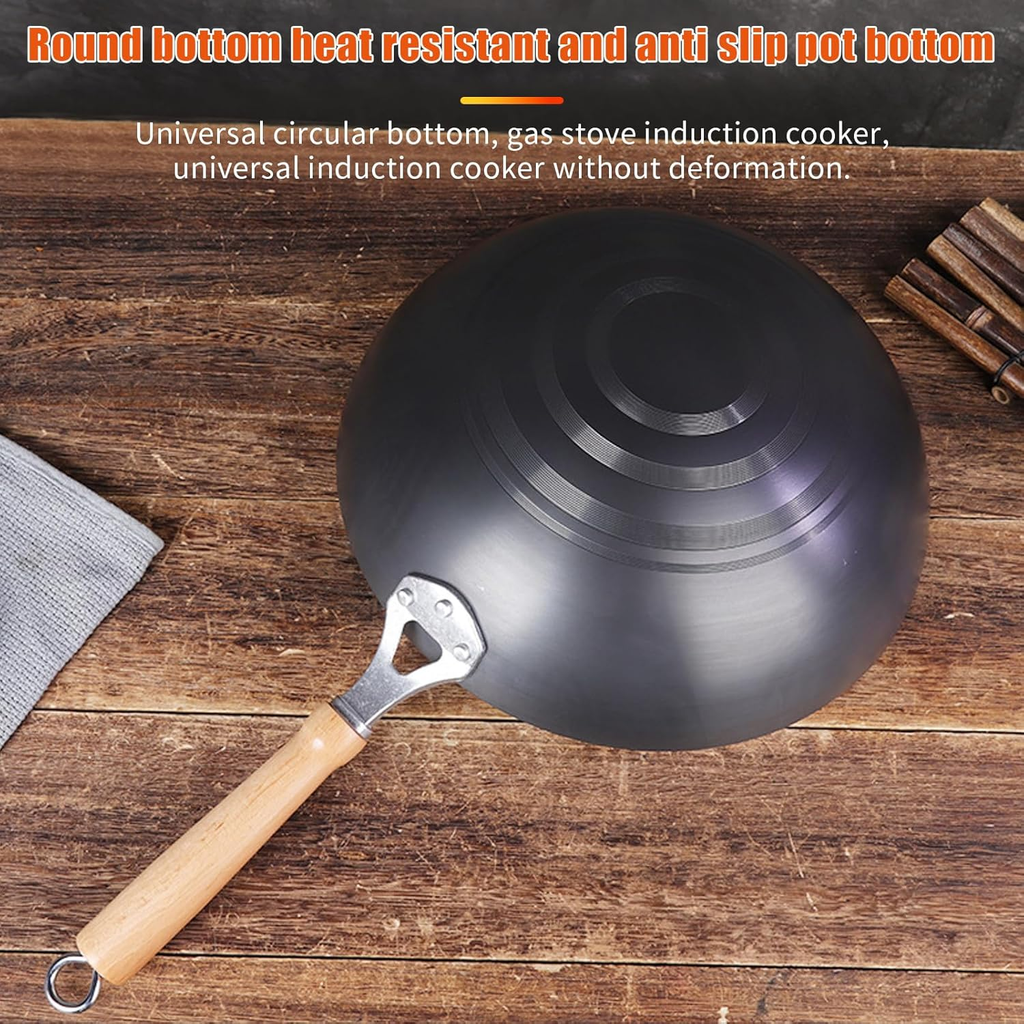 12-Inch Hand Hammered Carbon Steel Wok with Wooden and Steel Handle