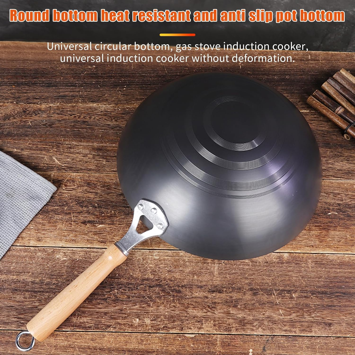 12-Inch Hand Hammered Carbon Steel Wok with Wooden and Steel Handle