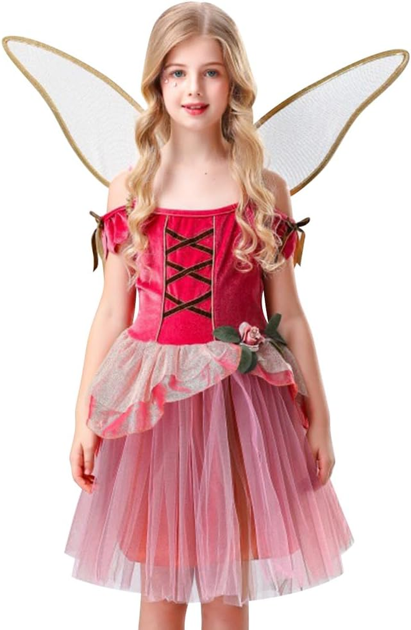 Girls Fairy Pink Costume Set with Wings for Halloween and Themed Parties