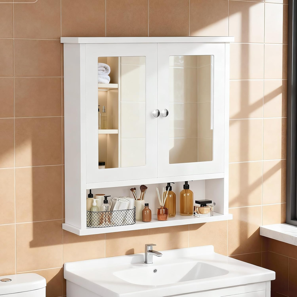 Wall-Mounted Bathroom Mirror Cabinet with Concealed Storage and Adjustable Shelv