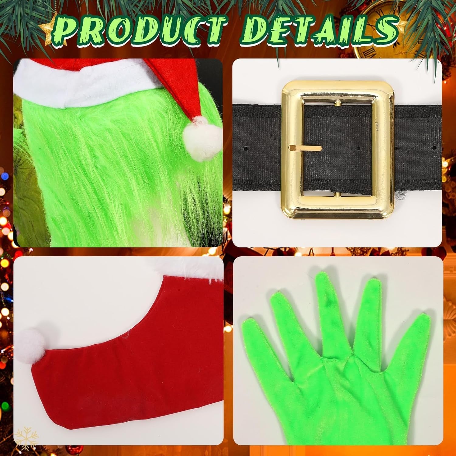 Deluxe 6PCS Kids Christmas Grinch Santa Costume with Accessories Size S