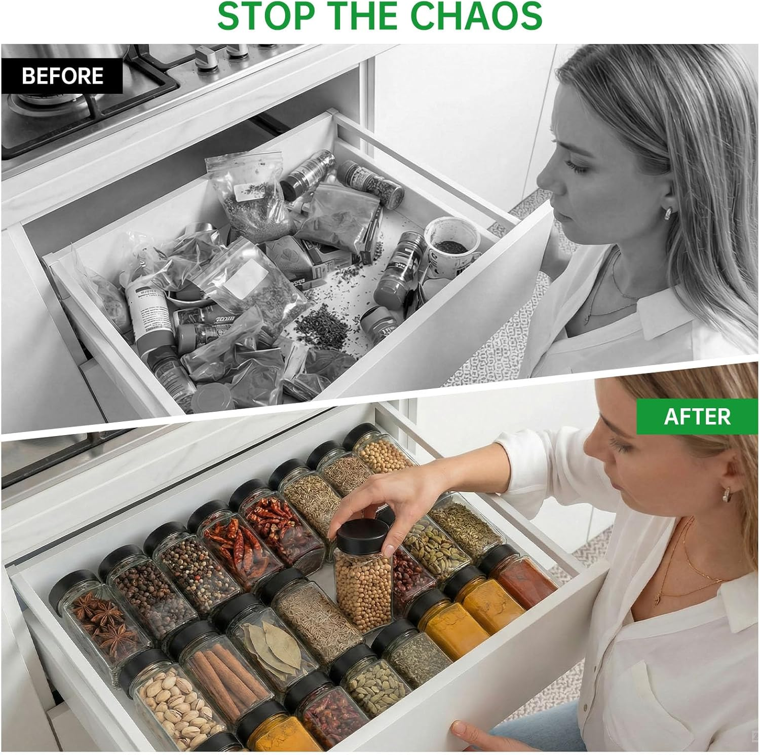 24 Glass Spice Jars with Stainless Steel Lids and Accessories for Organization