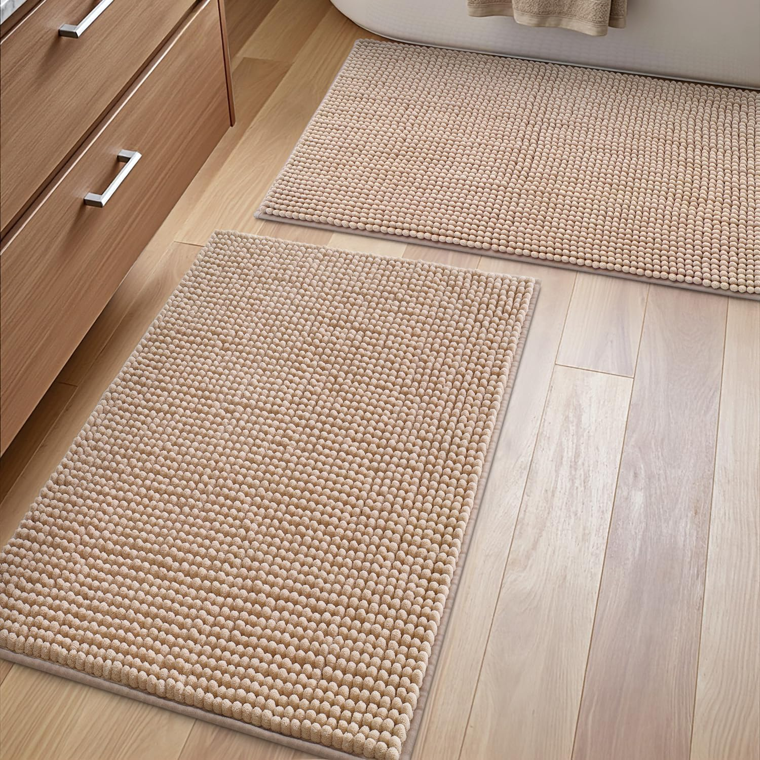 Ultra Soft Chenille Bath Mat Set, Non-Slip, Machine Washable, Beige, 2 Pieces